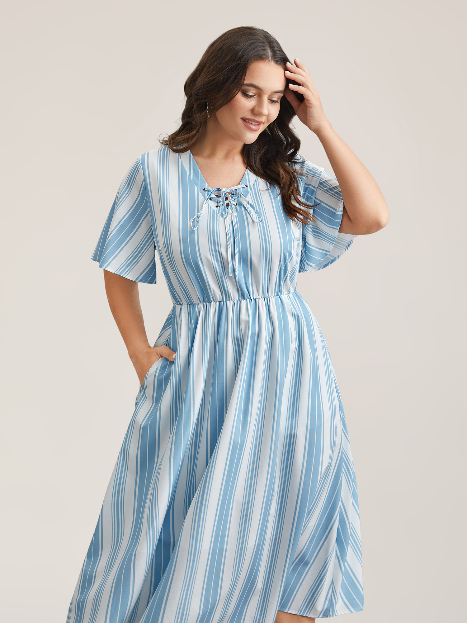 

Plus Size Nautical Stripes Neck Tie Midi Dress Cerulean Women Casual Wraparound straps V-neck Half Sleeve Curvy BloomChic