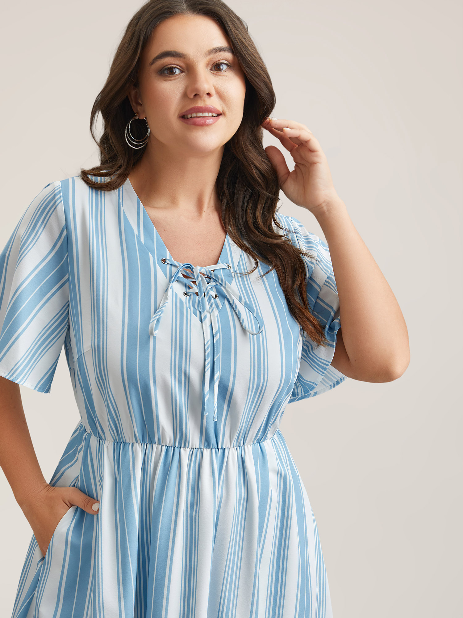 Plus Size Nautical Stripes Neck Tie Midi Dress Cerulean Women Casual Wraparound straps V-neck Half Sleeve Curvy BloomChic 14-16/1X 