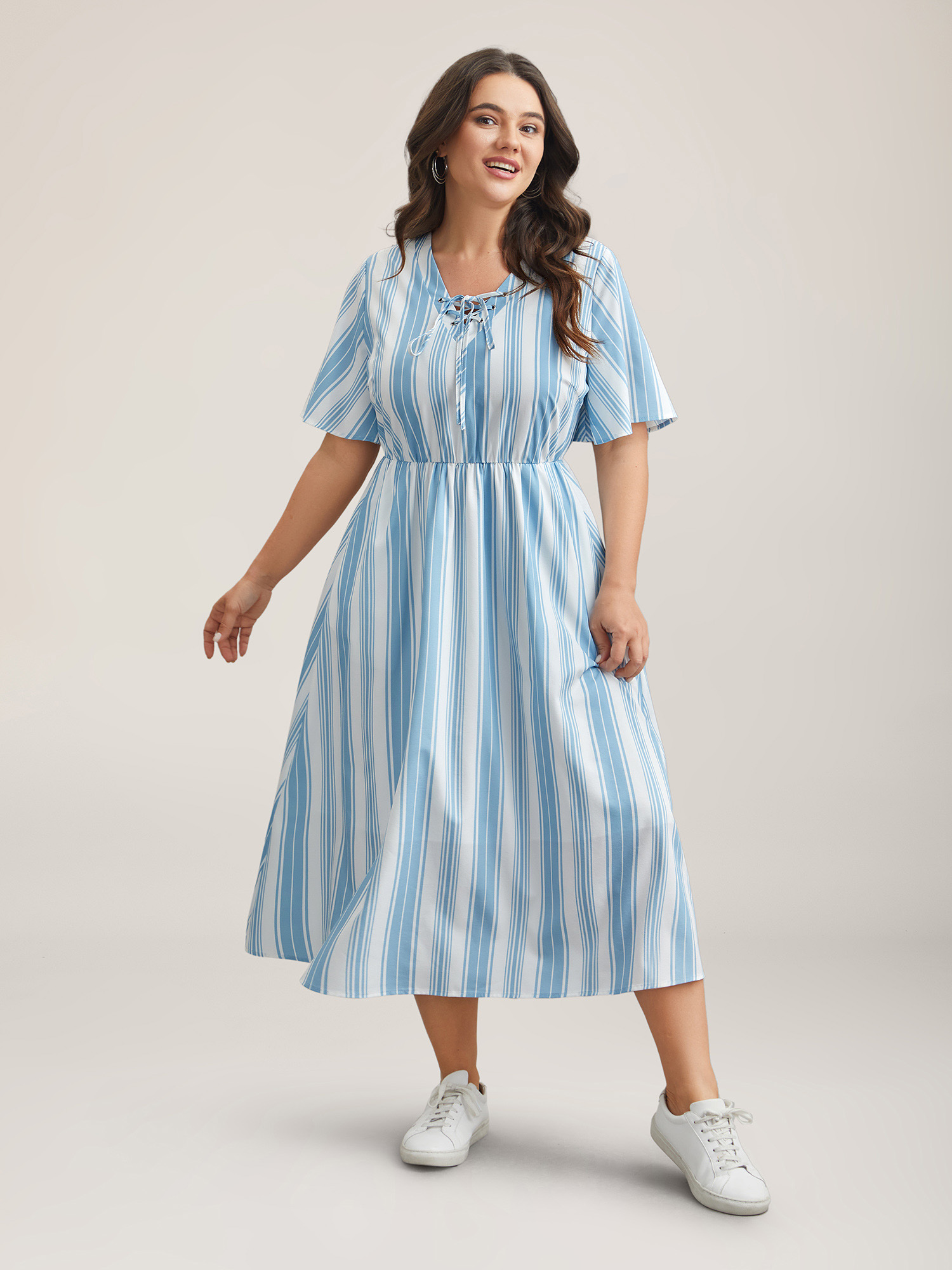 Plus Size Nautical Stripes Neck Tie Midi Dress Cerulean Women Casual Wraparound straps V-neck Half Sleeve Curvy BloomChic 14-16/1X 