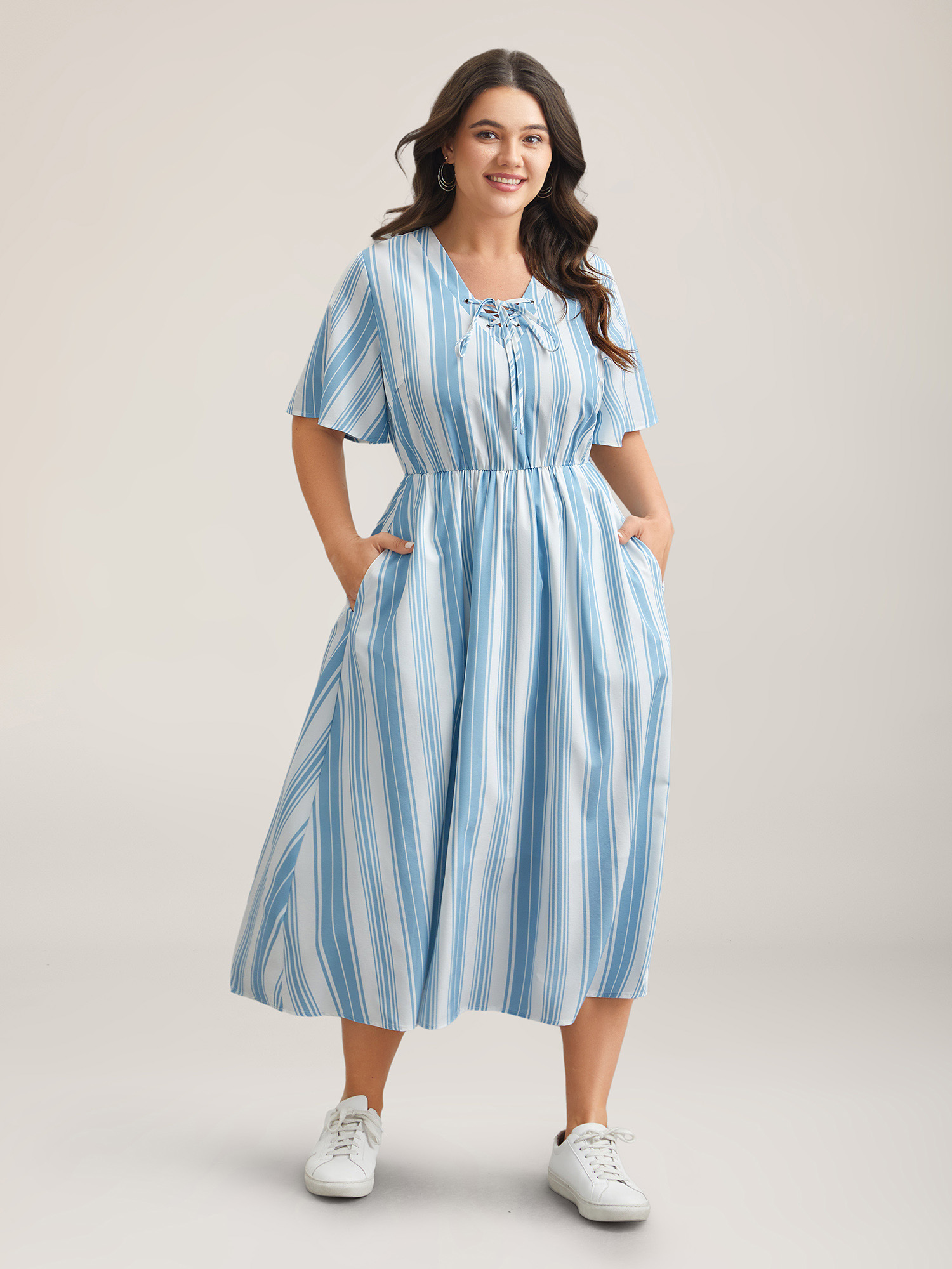 Plus Size Nautical Stripes Neck Tie Midi Dress Cerulean Women Casual Wraparound straps V-neck Half Sleeve Curvy BloomChic 14-16/1X 