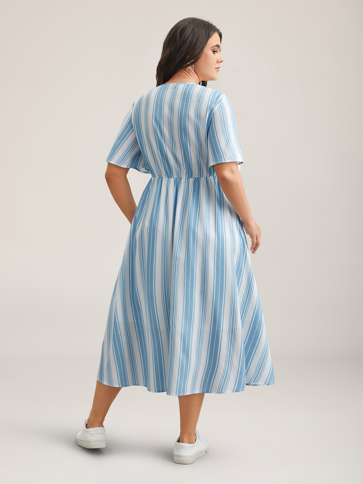 Plus Size Nautical Stripes Neck Tie Midi Dress Cerulean Women Casual Wraparound straps V-neck Half Sleeve Curvy BloomChic 14-16/1X 