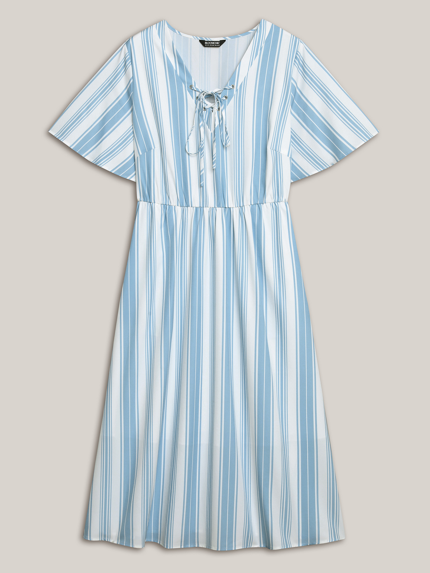 Plus Size Nautical Stripes Neck Tie Midi Dress Cerulean Women Casual Wraparound straps V-neck Half Sleeve Curvy BloomChic 14-16/1X 