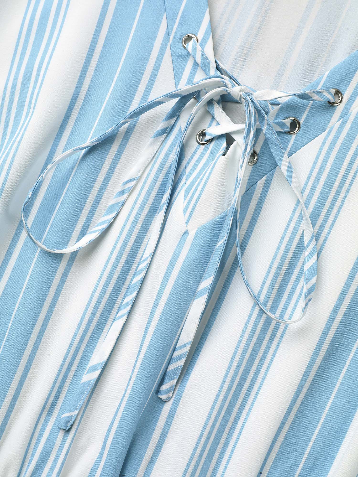 Plus Size Nautical Stripes Neck Tie Midi Dress Cerulean Women Casual Wraparound straps V-neck Half Sleeve Curvy BloomChic 14-16/1X 