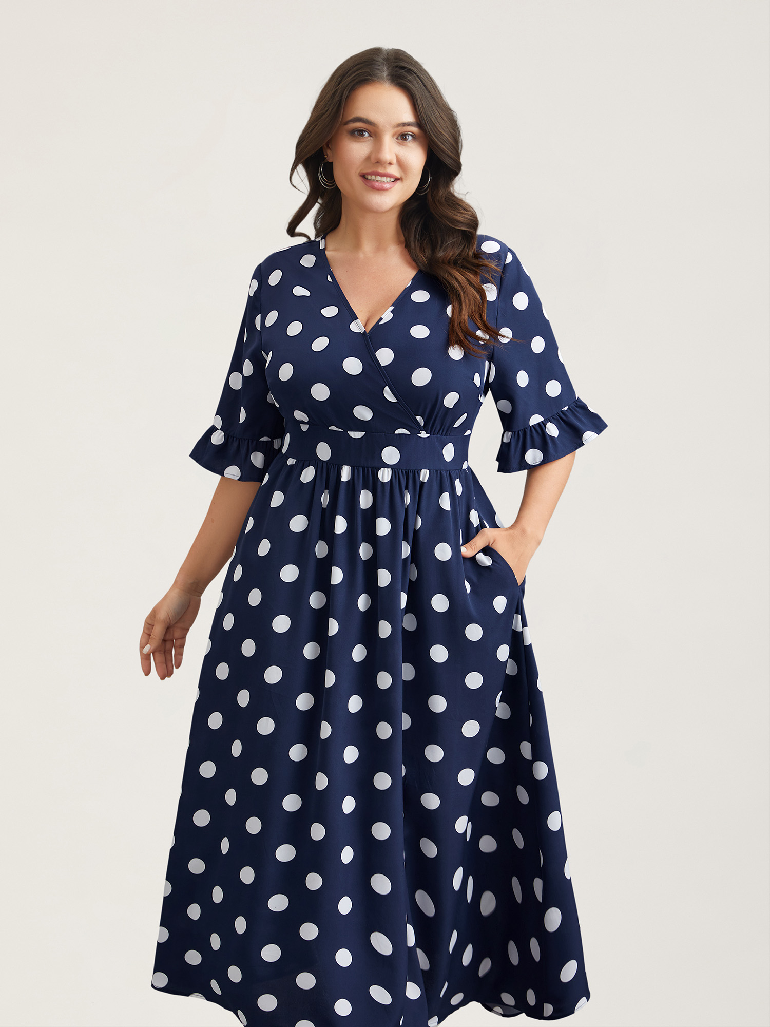 

Plus Size Polka Dots Surplice Neck Waist-Cinched Dress Navy Women Elegant Ruffles Overlap Collar Elbow-length sleeve Curvy BloomChic