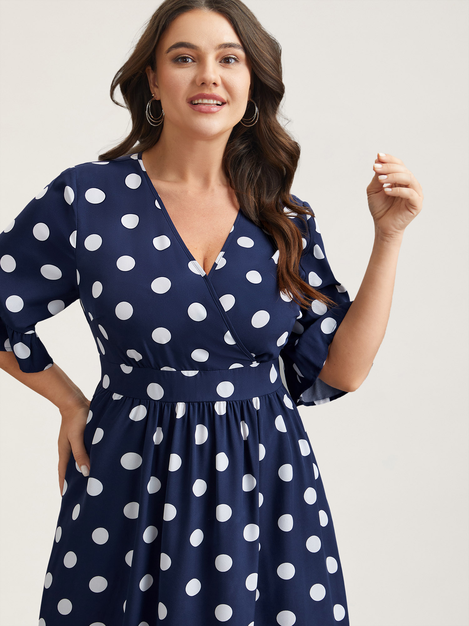Plus Size Polka Dots Surplice Neck Waist-Cinched Dress Navy Women Elegant Ruffles Overlap Collar Elbow-length sleeve Curvy BloomChic 12/L 