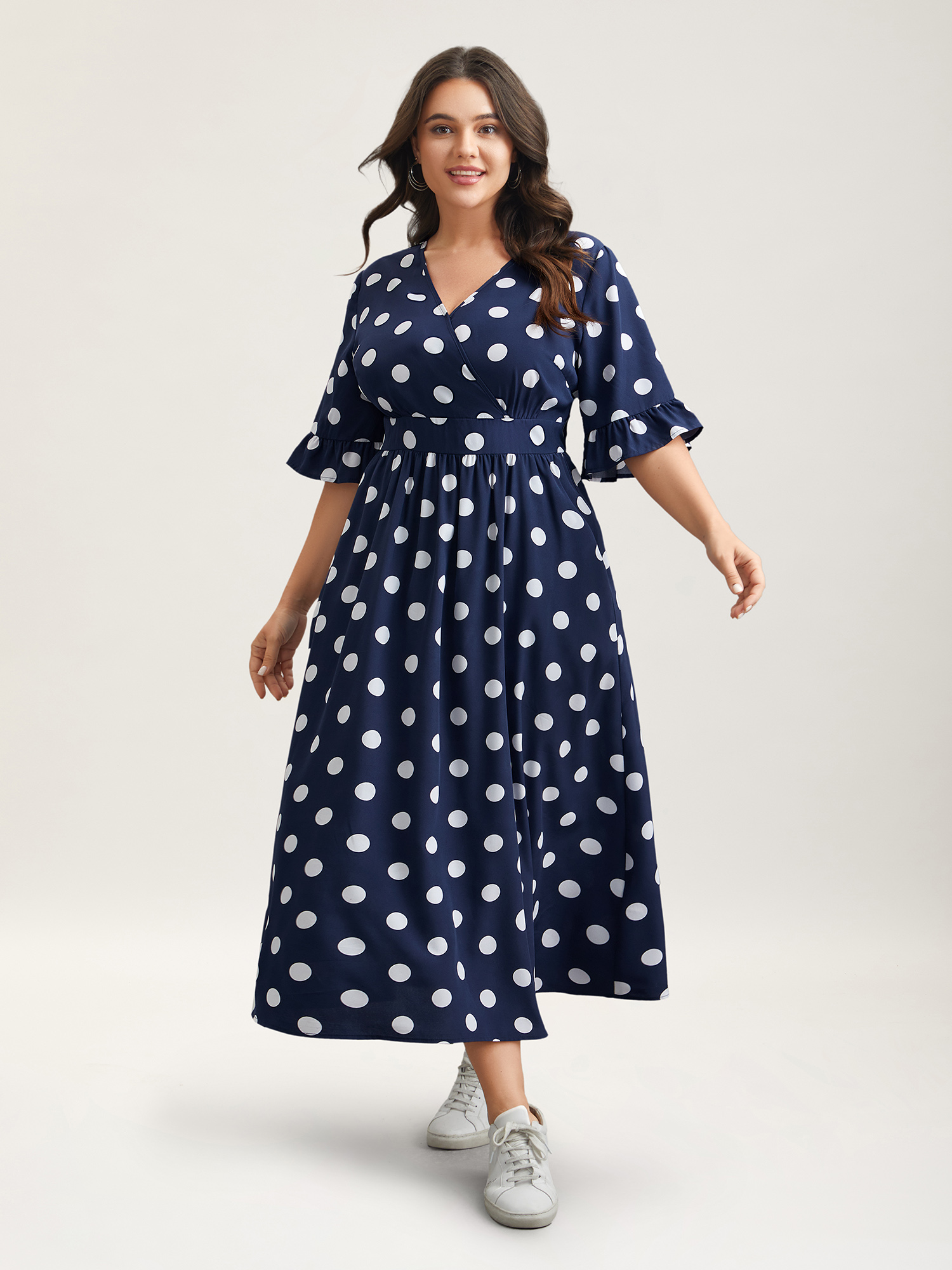 Plus Size Polka Dots Surplice Neck Waist-Cinched Dress Navy Women Elegant Ruffles Overlap Collar Elbow-length sleeve Curvy BloomChic 12/L 