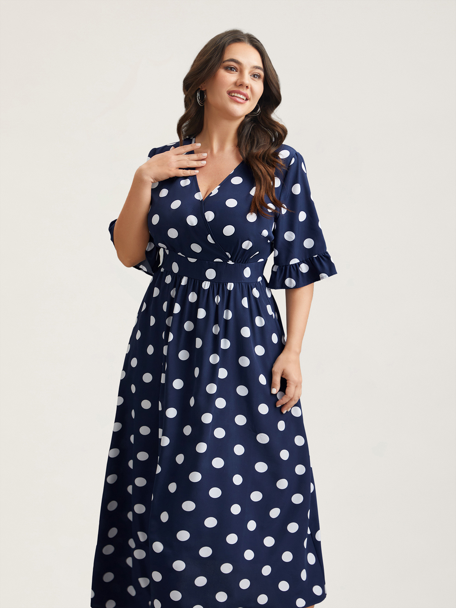 Plus Size Polka Dots Surplice Neck Waist-Cinched Dress Navy Women Elegant Ruffles Overlap Collar Elbow-length sleeve Curvy BloomChic 12/L 