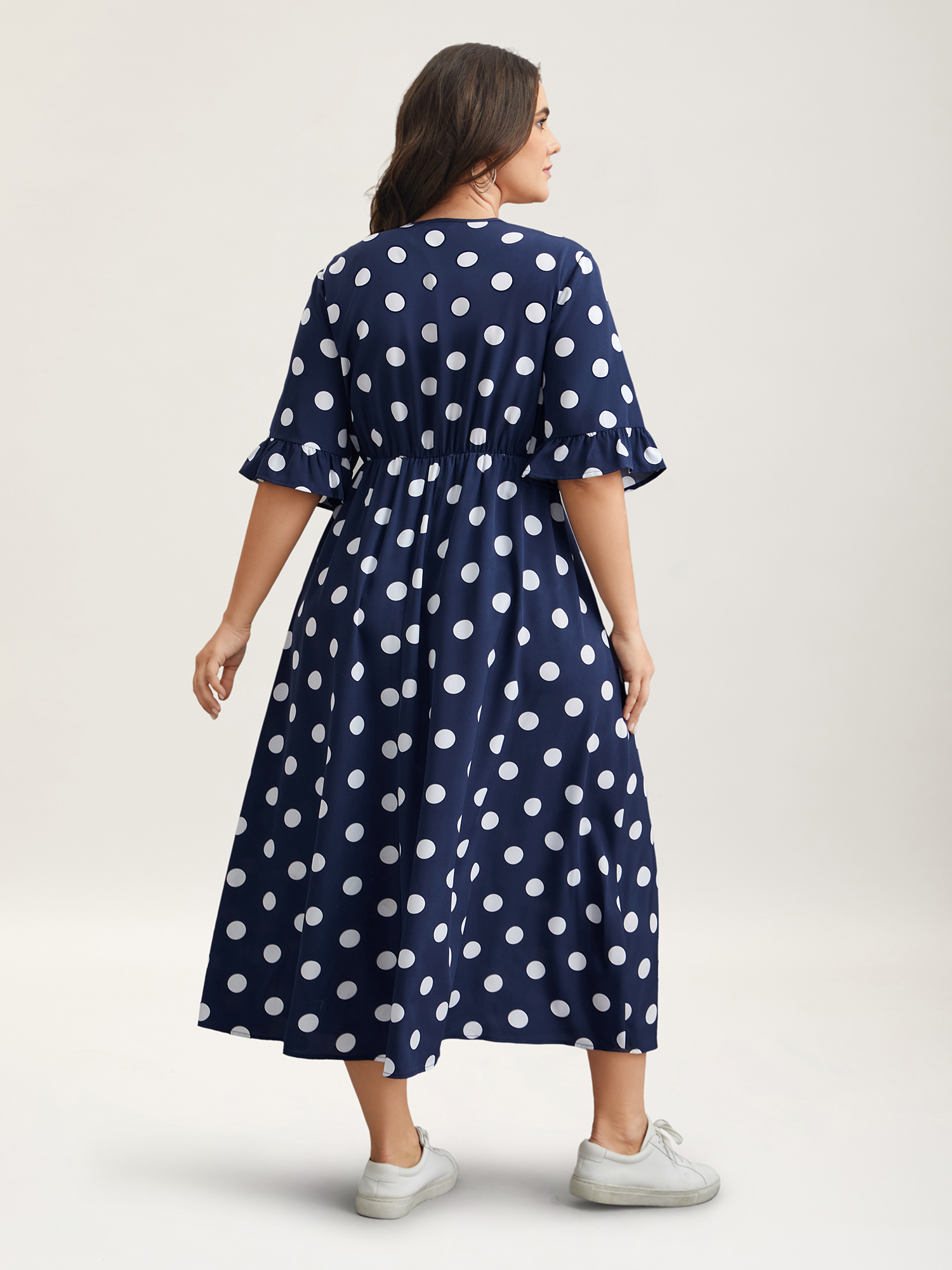 Plus Size Polka Dots Surplice Neck Waist-Cinched Dress Navy Women Elegant Ruffles Overlap Collar Elbow-length sleeve Curvy BloomChic 12/L 
