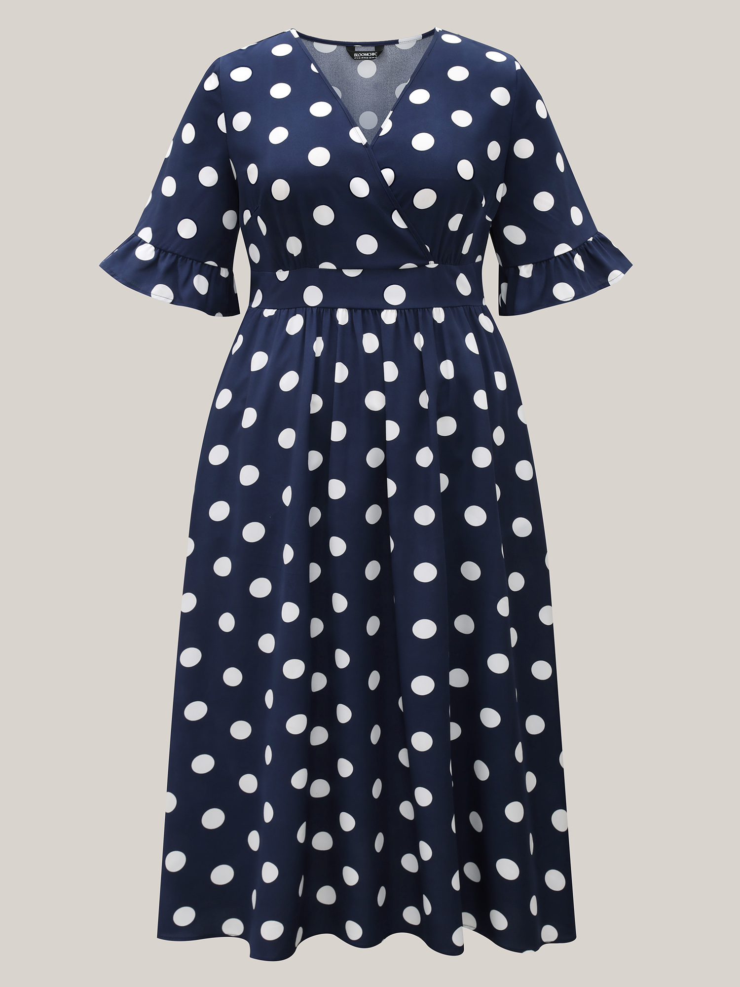 Plus Size Polka Dots Surplice Neck Waist-Cinched Dress Navy Women Elegant Ruffles Overlap Collar Elbow-length sleeve Curvy BloomChic 12/L 