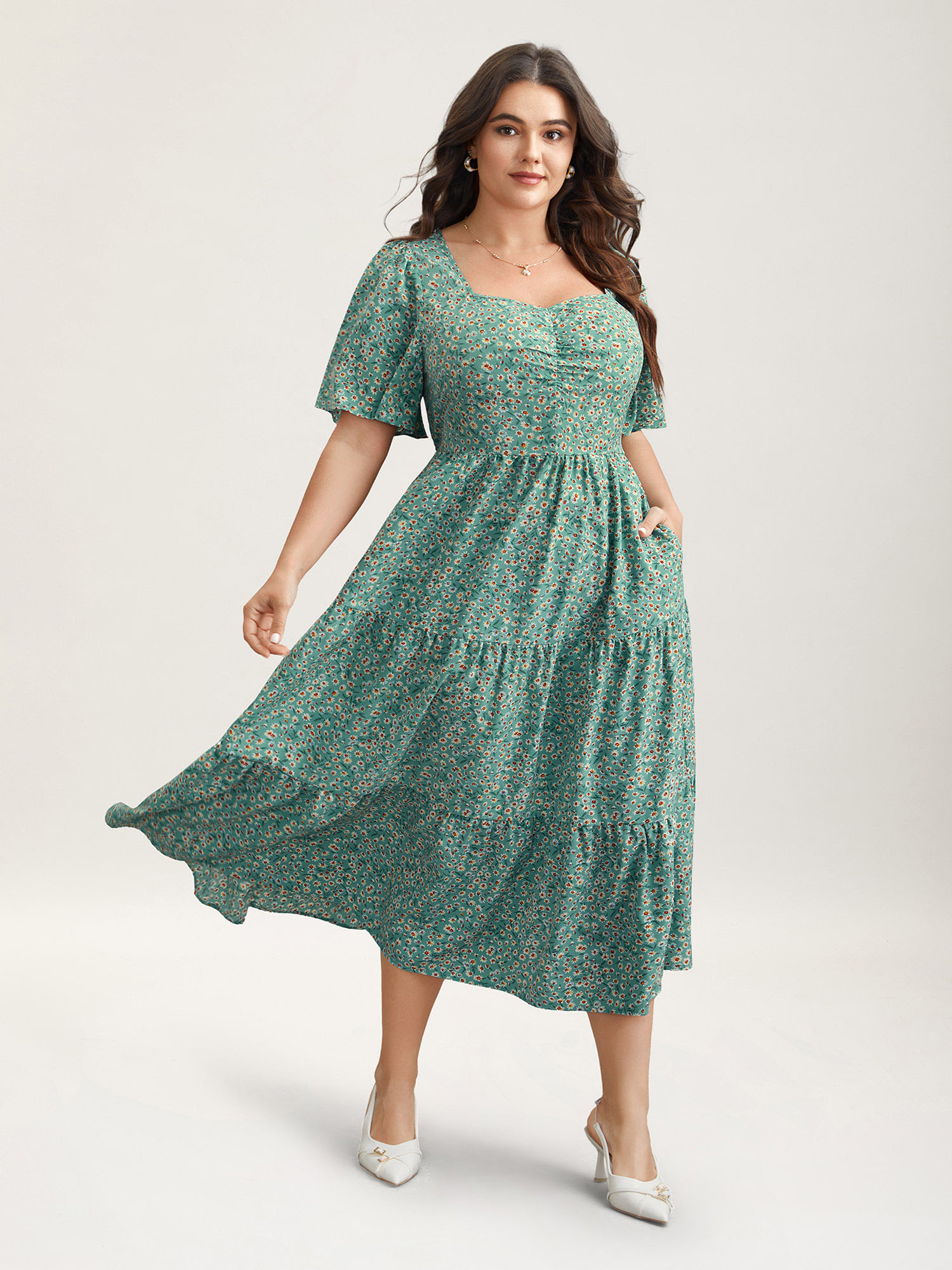 

Plus Size Ditsy Floral Print Sweetheart Neckline Tiered Dress Sage Women Elegant Gathered Heart neckline Short sleeve Curvy BloomChic