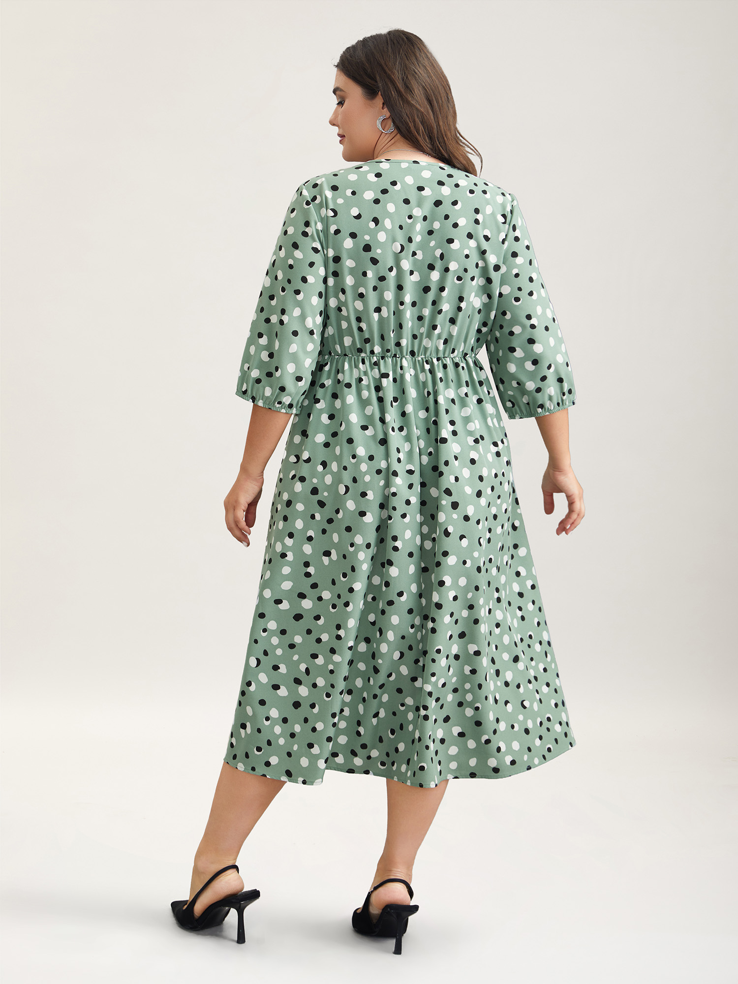 

Plus Size Dots Print Surplice Neck Midi Dress Greenbean Women At the Office Non Overlap Collar Elbow-length sleeve Curvy BloomChic