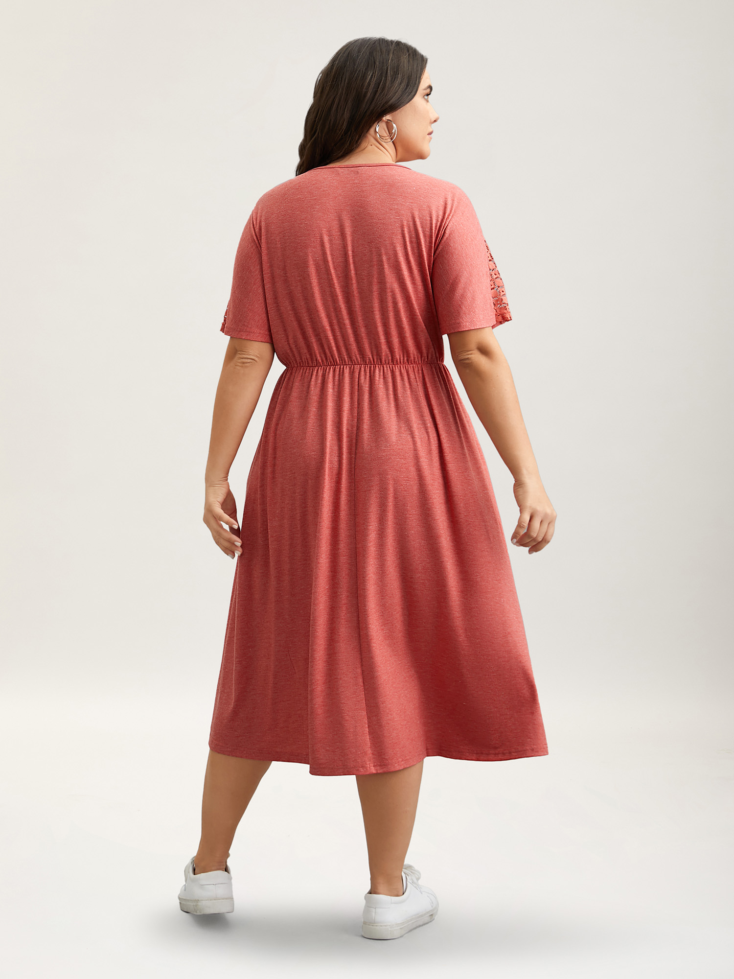 Plus Size V-Neck Sheer Lace Pockets Midi Dress OrangeRed Women Casual Woven ribbon&lace trim V-neck Short sleeve Curvy BloomChic 28/5X 