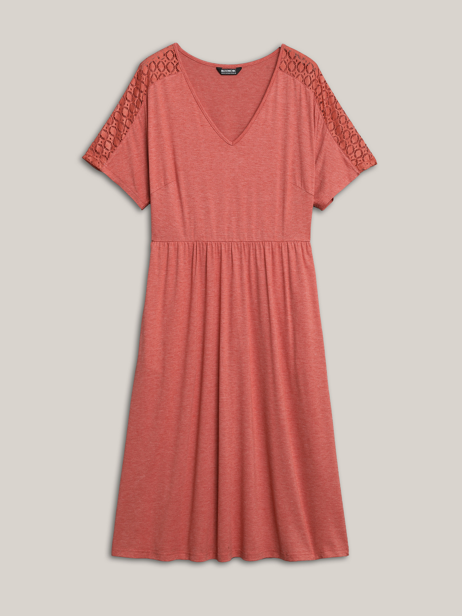Plus Size V-Neck Sheer Lace Pockets Midi Dress OrangeRed Women Casual Woven ribbon&lace trim V-neck Short sleeve Curvy BloomChic 28/5X 