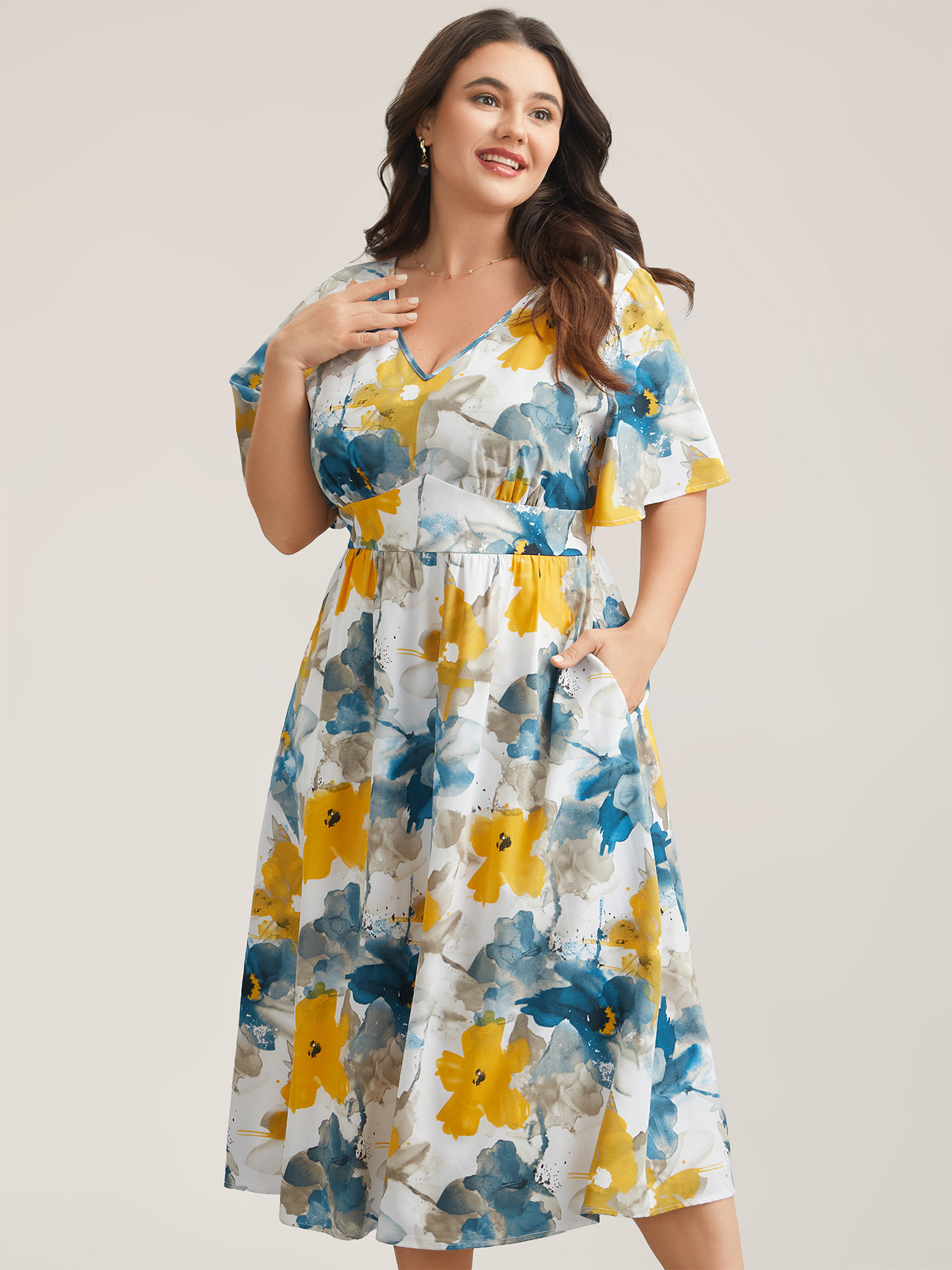 

Plus Size Floral Wrap Neck Fit & Flare Dress Aegean Women Elegant Gathered V-neck Short sleeve Curvy BloomChic