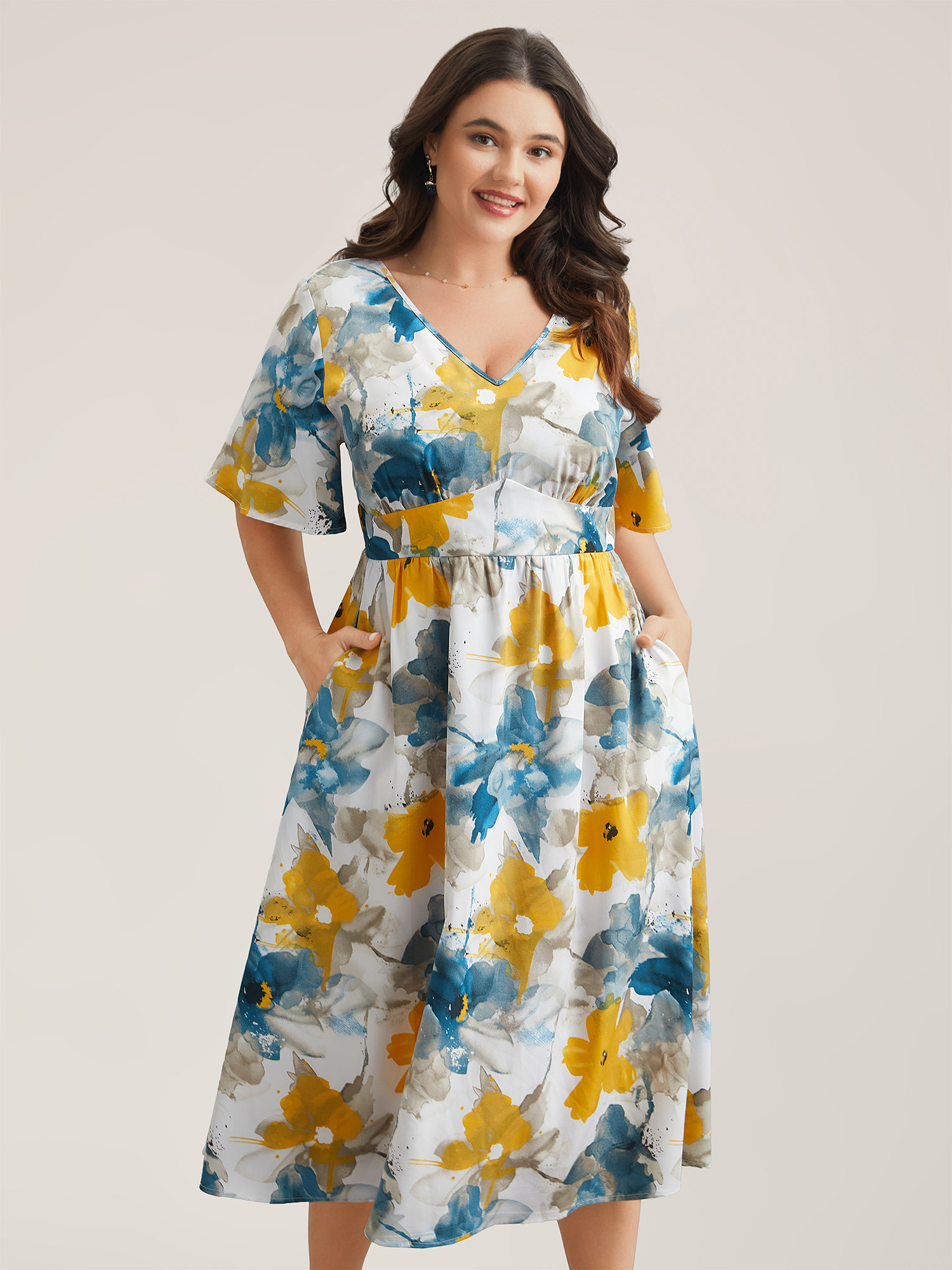 Plus Size Floral Wrap Neck Fit & Flare Dress Aegean Women Elegant Gathered V-neck Short sleeve Curvy BloomChic 10/M 