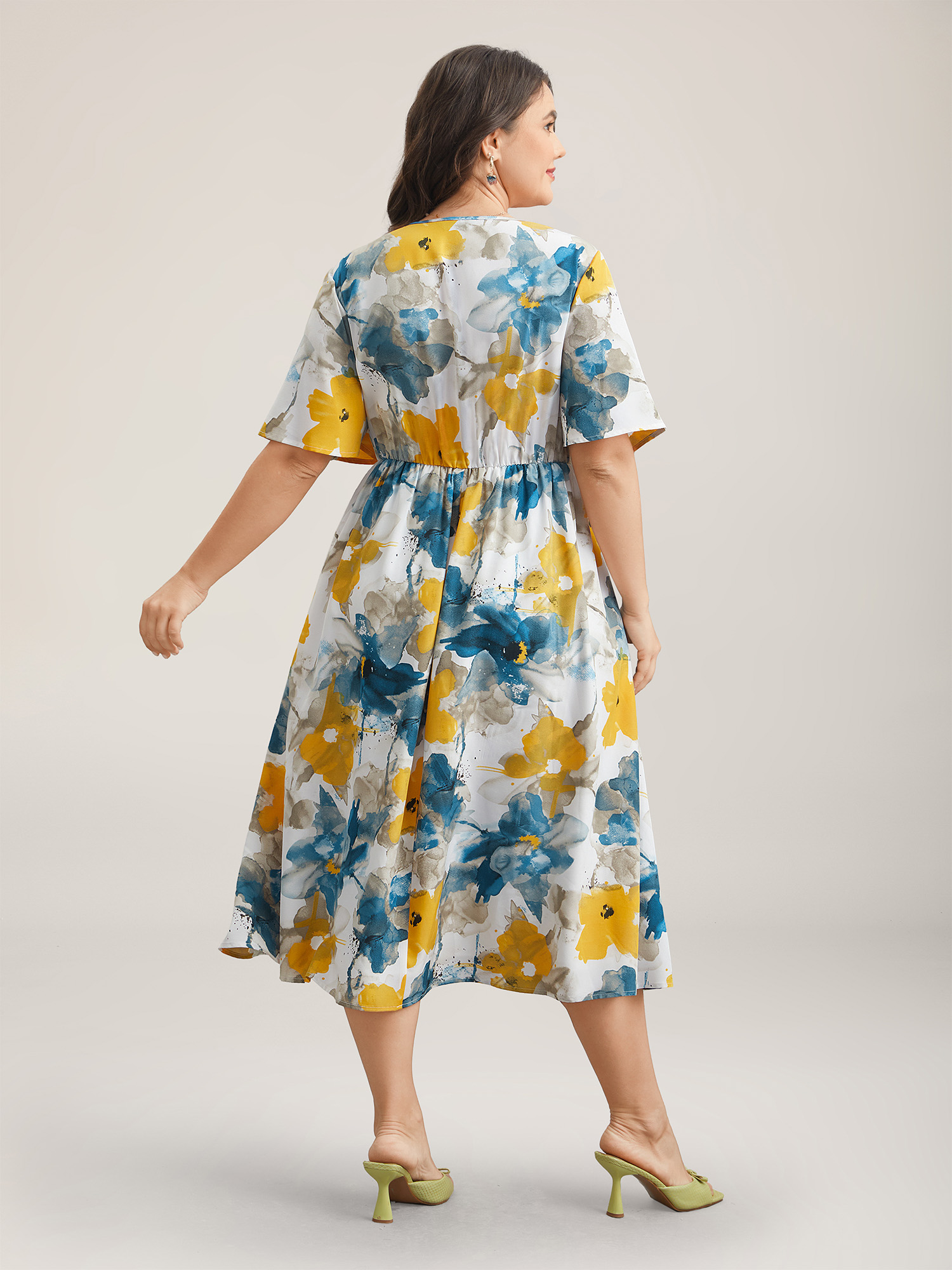 Plus Size Floral Wrap Neck Fit & Flare Dress Aegean Women Elegant Gathered V-neck Short sleeve Curvy BloomChic 10/M 