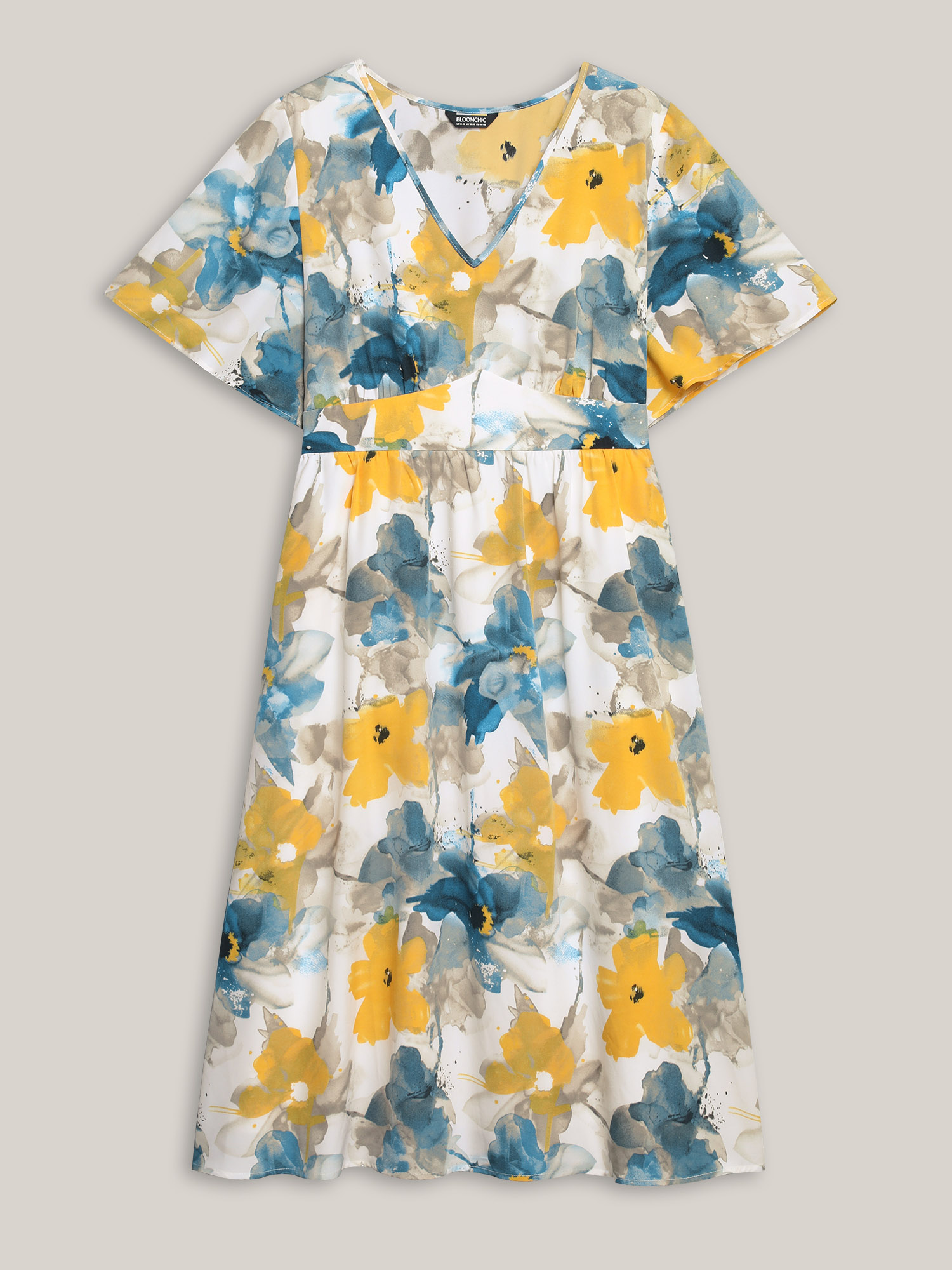 Plus Size Floral Wrap Neck Fit & Flare Dress Aegean Women Elegant Gathered V-neck Short sleeve Curvy BloomChic 10/M 