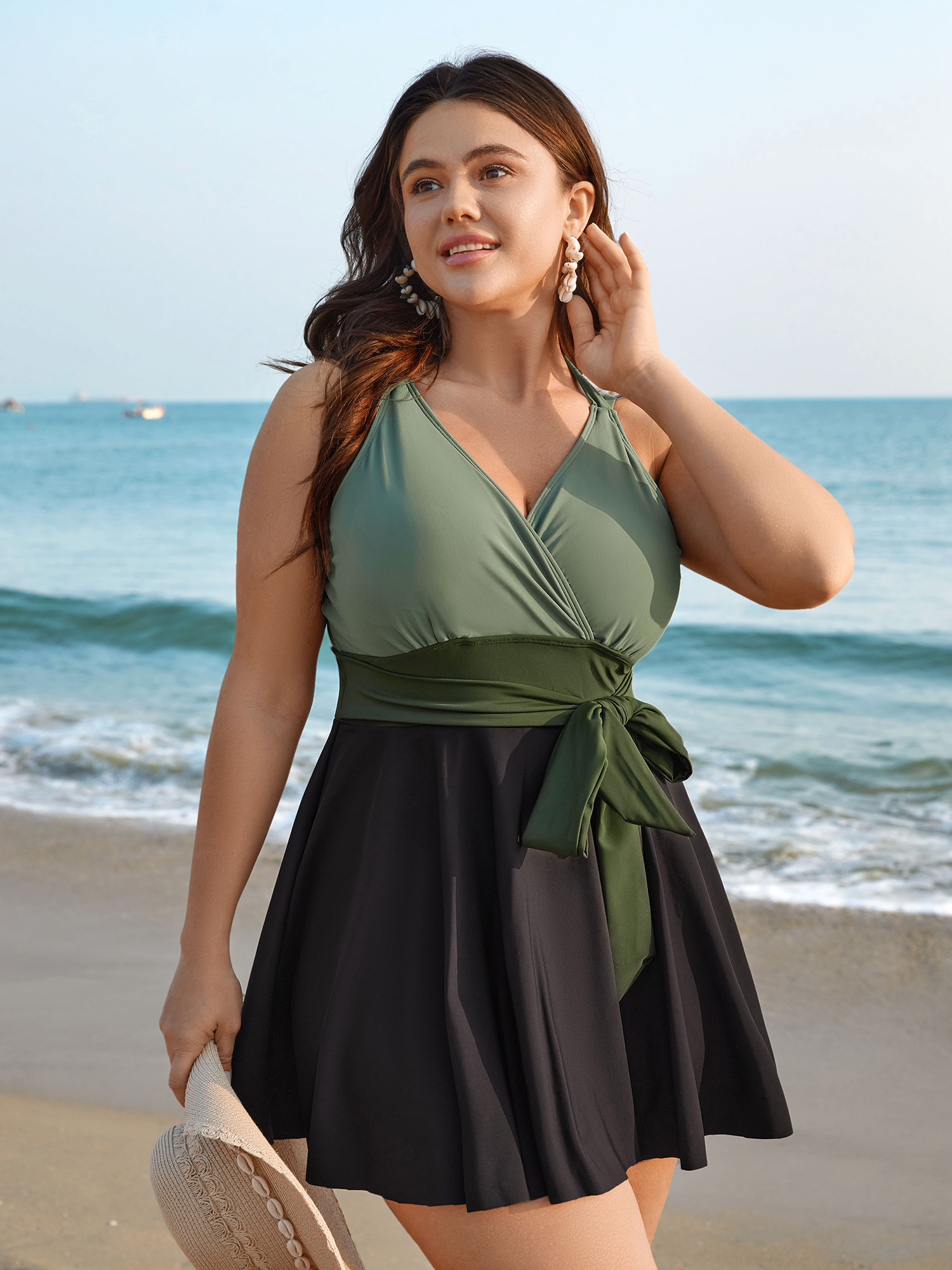 

Plus Size Color-Block Panelled Waist-Tie Swim Dress Women's Swimwear ArmyGreen Beach Bodycon Overlap Collar High stretch Curve Swim Dresses BloomChic