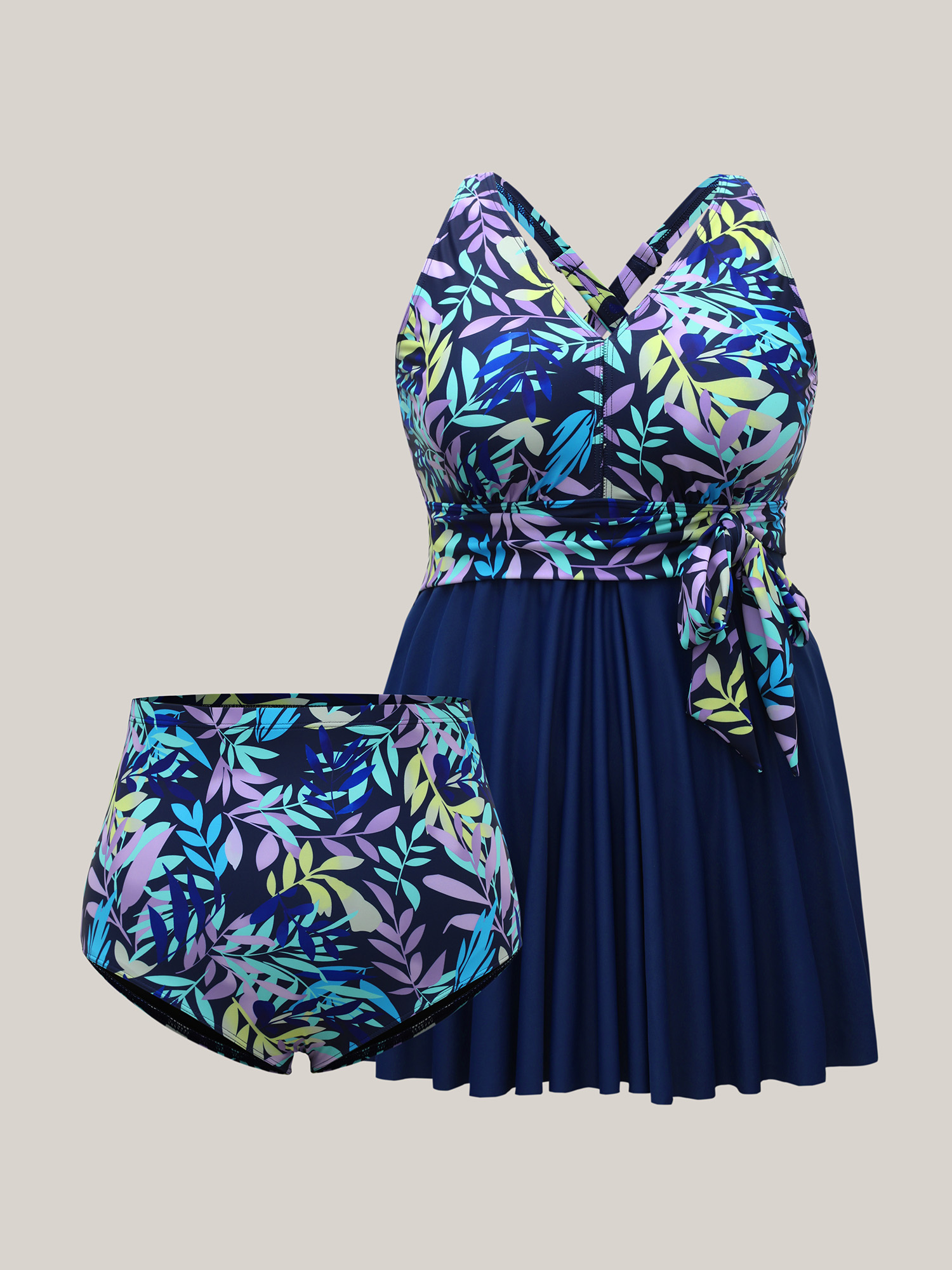 Plus Size Tropical Flowers Lace Tied Swim Dress Women`s Swimwear Aegean Beach Bodycon V-neck High stretch Curve Swim Dresses BloomChic 10/M 
