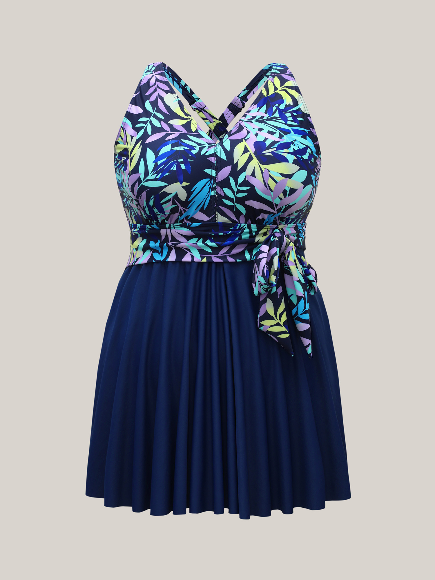 Plus Size Tropical Flowers Lace Tied Swim Dress Women`s Swimwear Aegean Beach Bodycon V-neck High stretch Curve Swim Dresses BloomChic 10/M 