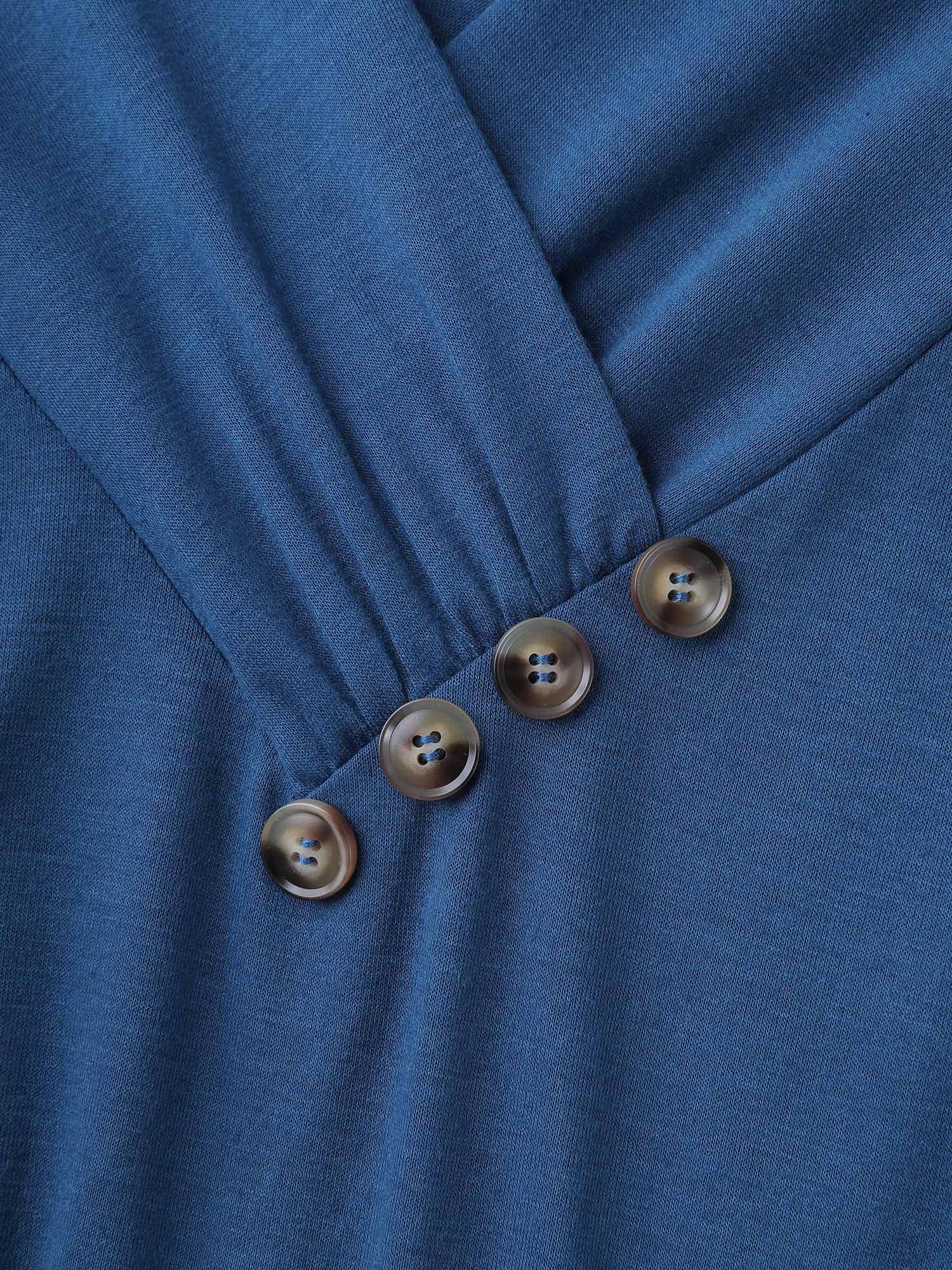 Plus Size Button Detail Pleated Pockets Midi Dress Mediumblue Women Casual Gathered V-neck Short sleeve Curvy BloomChic 10/M 