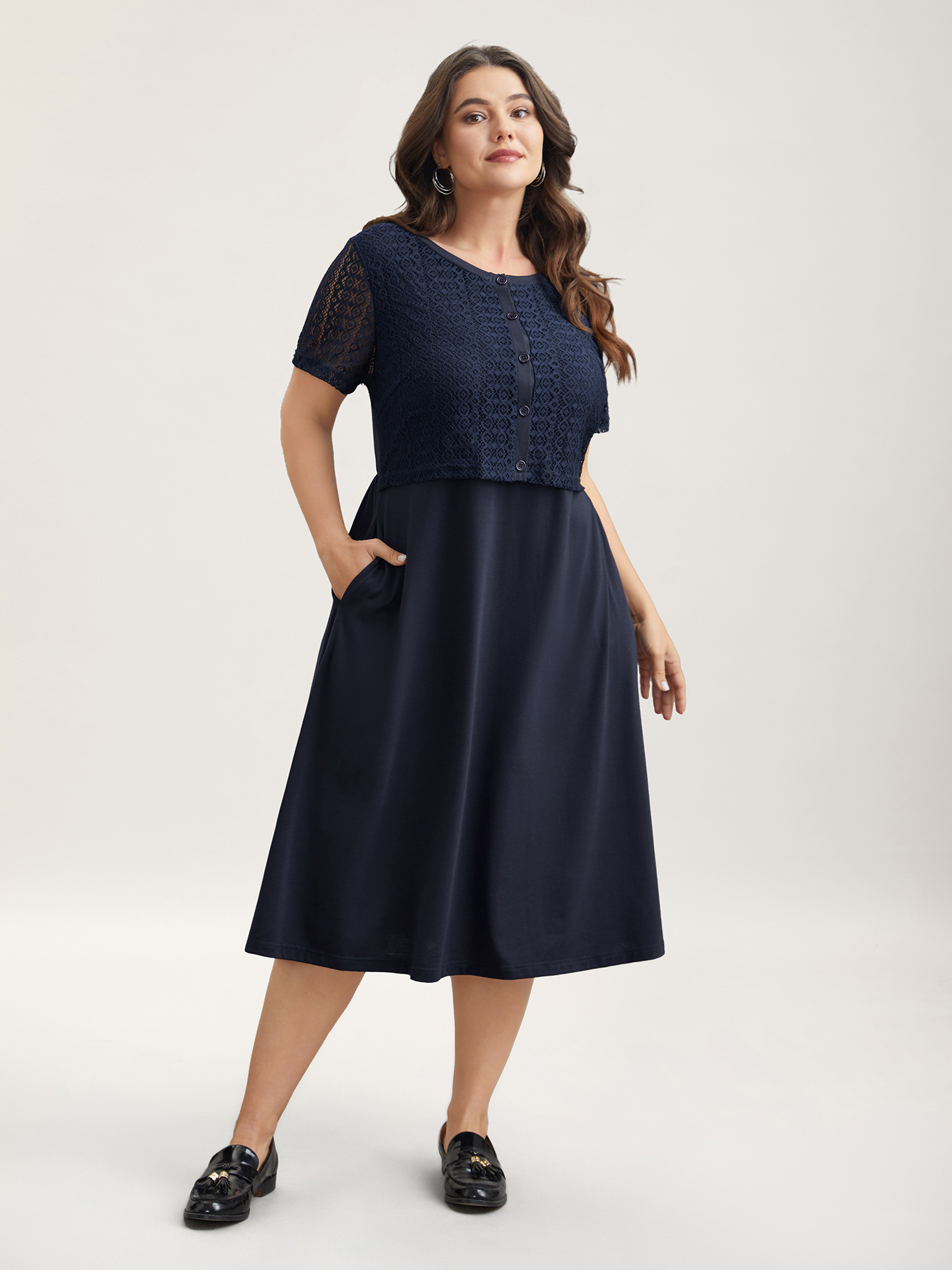 

Plus Size 2-in-1 Spliced Button-Front Midi Dress DarkBlue Women Casual Woven ribbon&lace trim Round Neck Short sleeve Curvy BloomChic