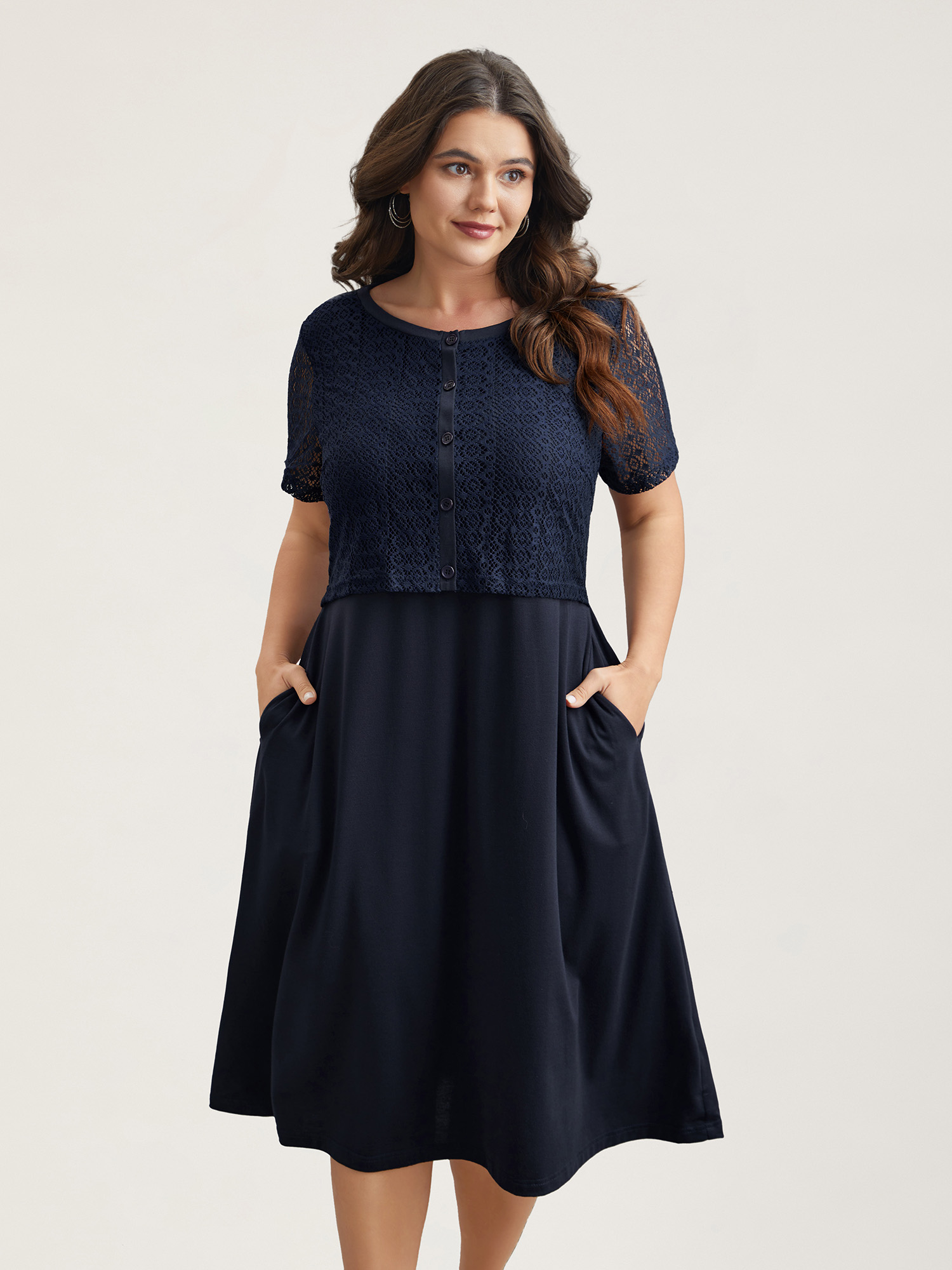 Plus Size 2-in-1 Spliced Button-Front Midi Dress DarkBlue Women Casual Woven ribbon&lace trim Round Neck Short sleeve Curvy BloomChic 14-16/1X 