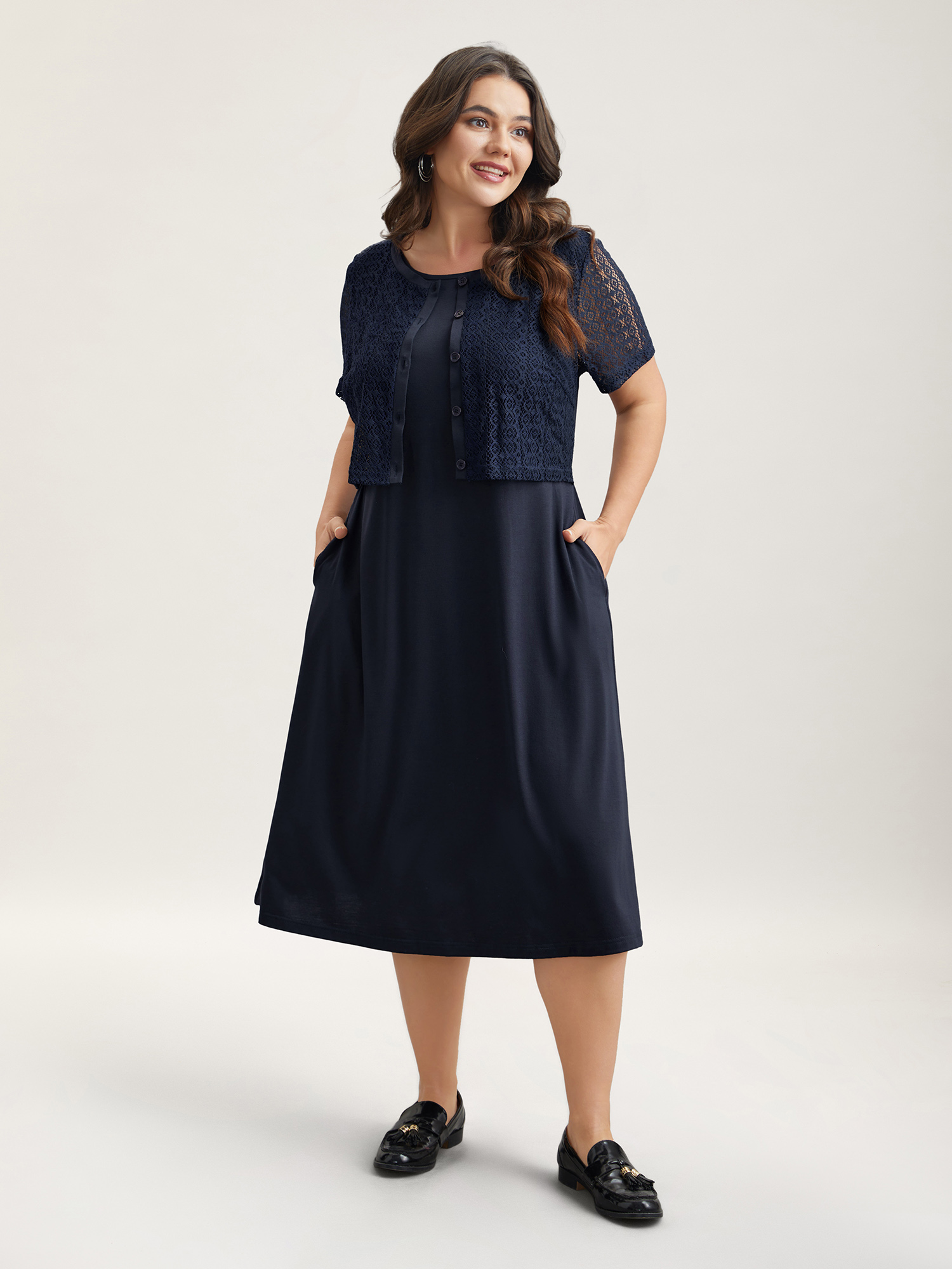 Plus Size 2-in-1 Spliced Button-Front Midi Dress DarkBlue Women Casual Woven ribbon&lace trim Round Neck Short sleeve Curvy BloomChic 14-16/1X 