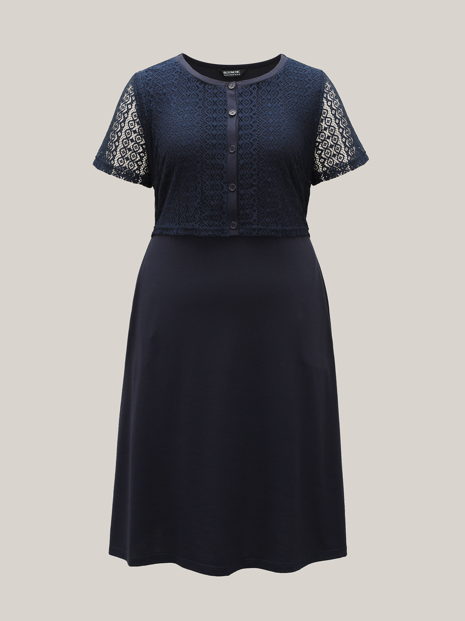 Plus Size 2-in-1 Spliced Button-Front Midi Dress DarkBlue Women Casual Woven ribbon&lace trim Round Neck Short sleeve Curvy BloomChic 14-16/1X 