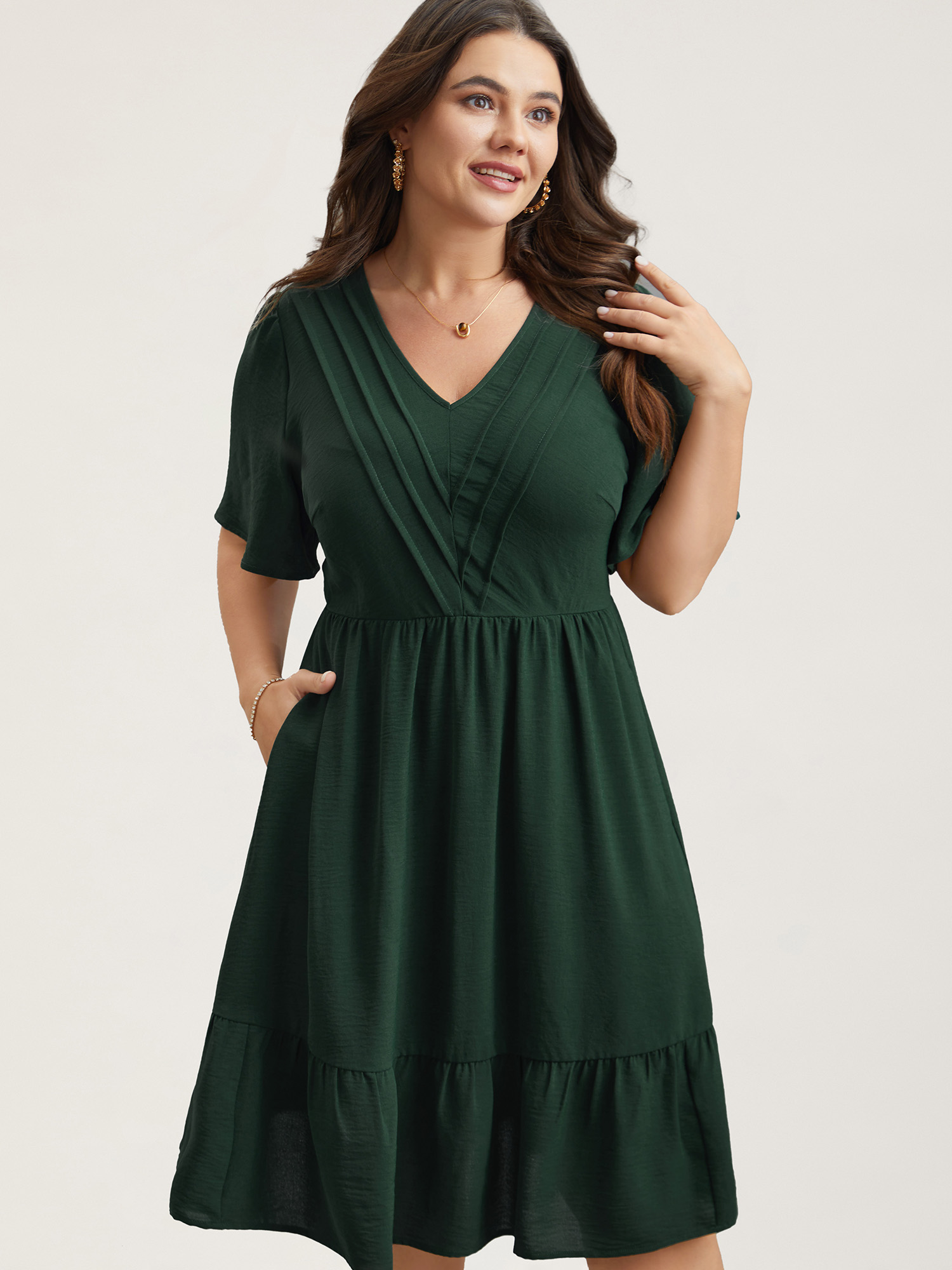 

Plus Size Bib-Front V-Neck Pockets Tiered Midi Dress DarkGreen Women Elegant Tucked seam V-neck Short sleeve Curvy BloomChic