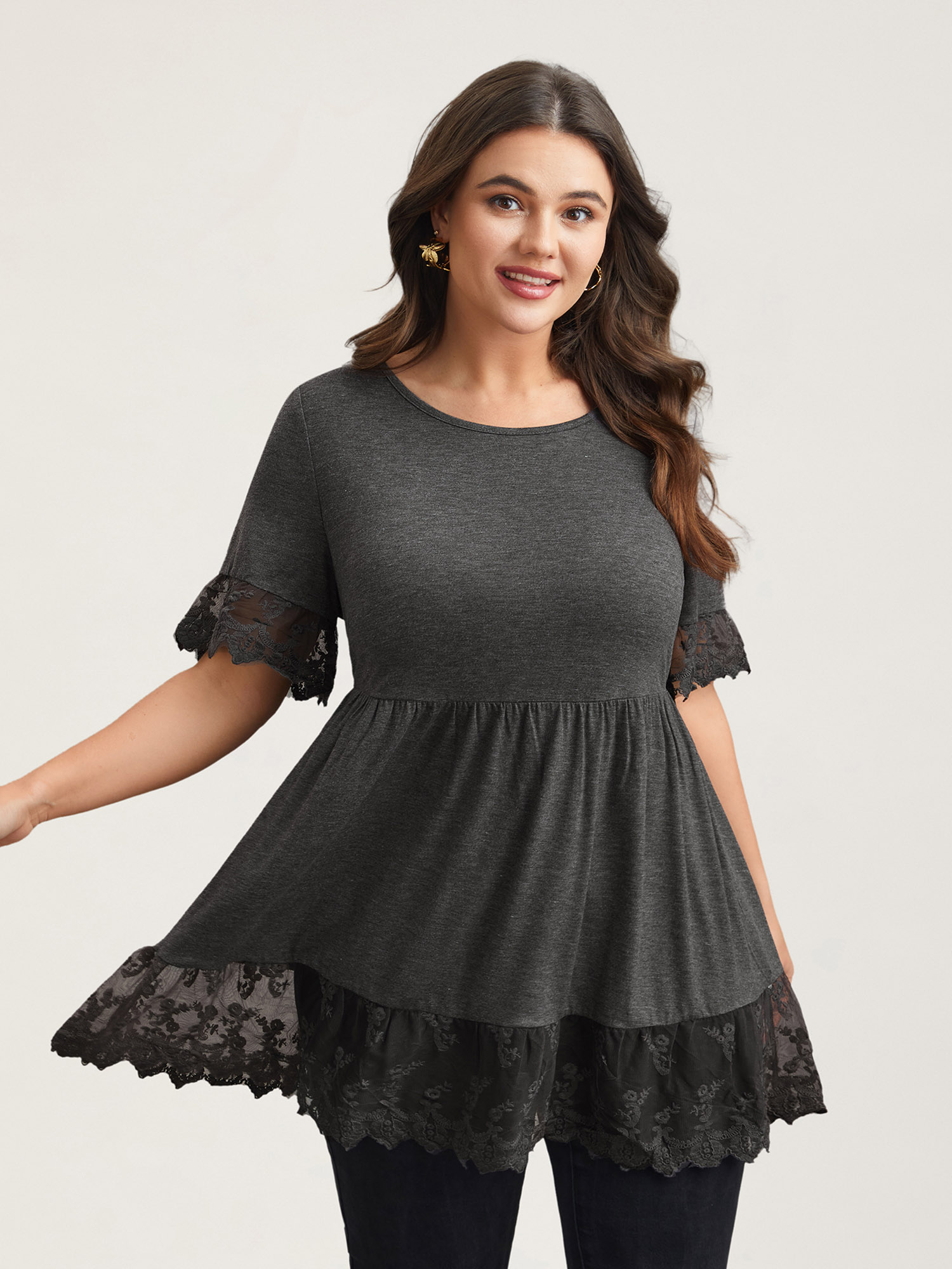 

Plus Size Lace Detail Round Neck Peplum Top DimGray Round Neck Short sleeve Elegant Jersey Tops