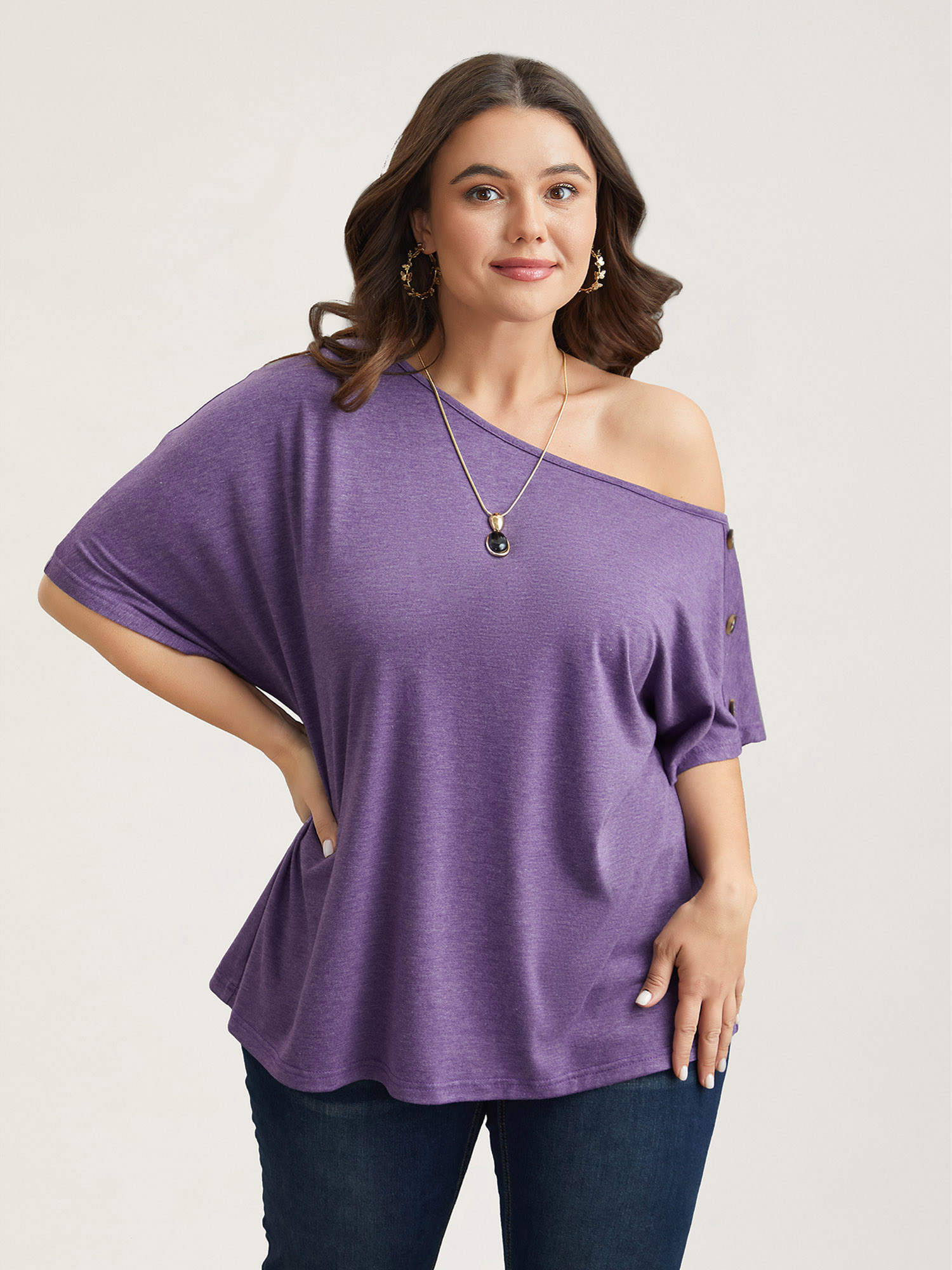 

Plus Size One-Shoulder Button Knit Top Deeppurple One-shoulder neck Short sleeve Casual Jersey Tops