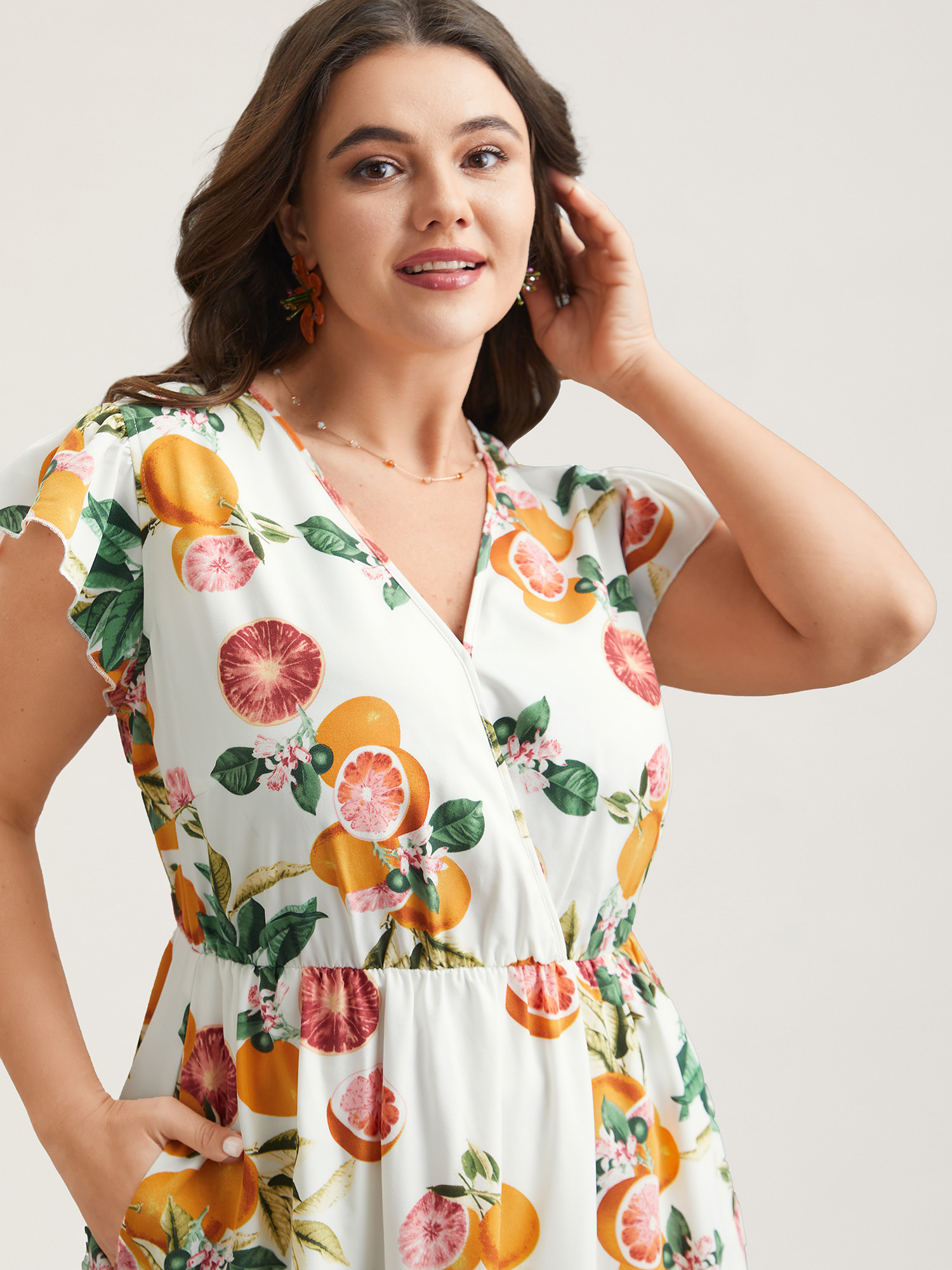 

Plus Size Spring Fruits Wrap Neck Midi Dress Ivory Women Elegant Ruffles Overlap Collar Cap Sleeve Curvy BloomChic