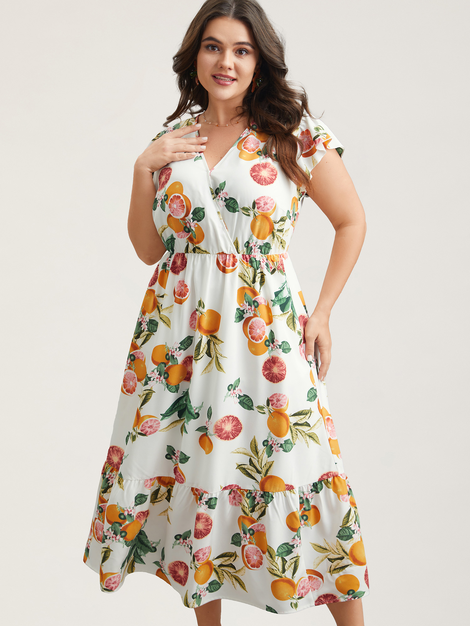 Plus Size Spring Fruits Wrap Neck Midi Dress Ivory Women Elegant Ruffles Overlap Collar Cap Sleeve Curvy BloomChic 28/5X 