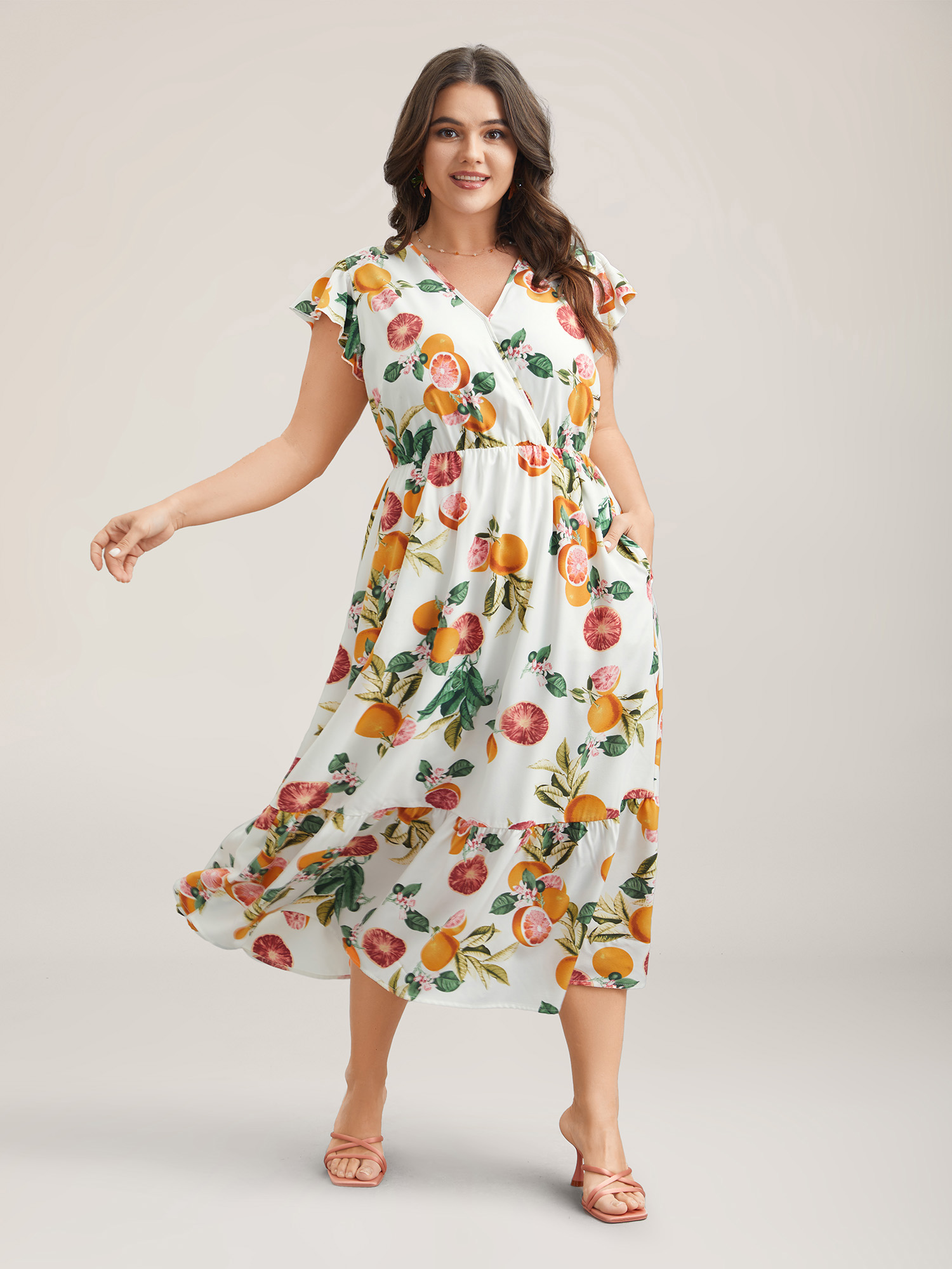 Plus Size Spring Fruits Wrap Neck Midi Dress Ivory Women Elegant Ruffles Overlap Collar Cap Sleeve Curvy BloomChic 28/5X 