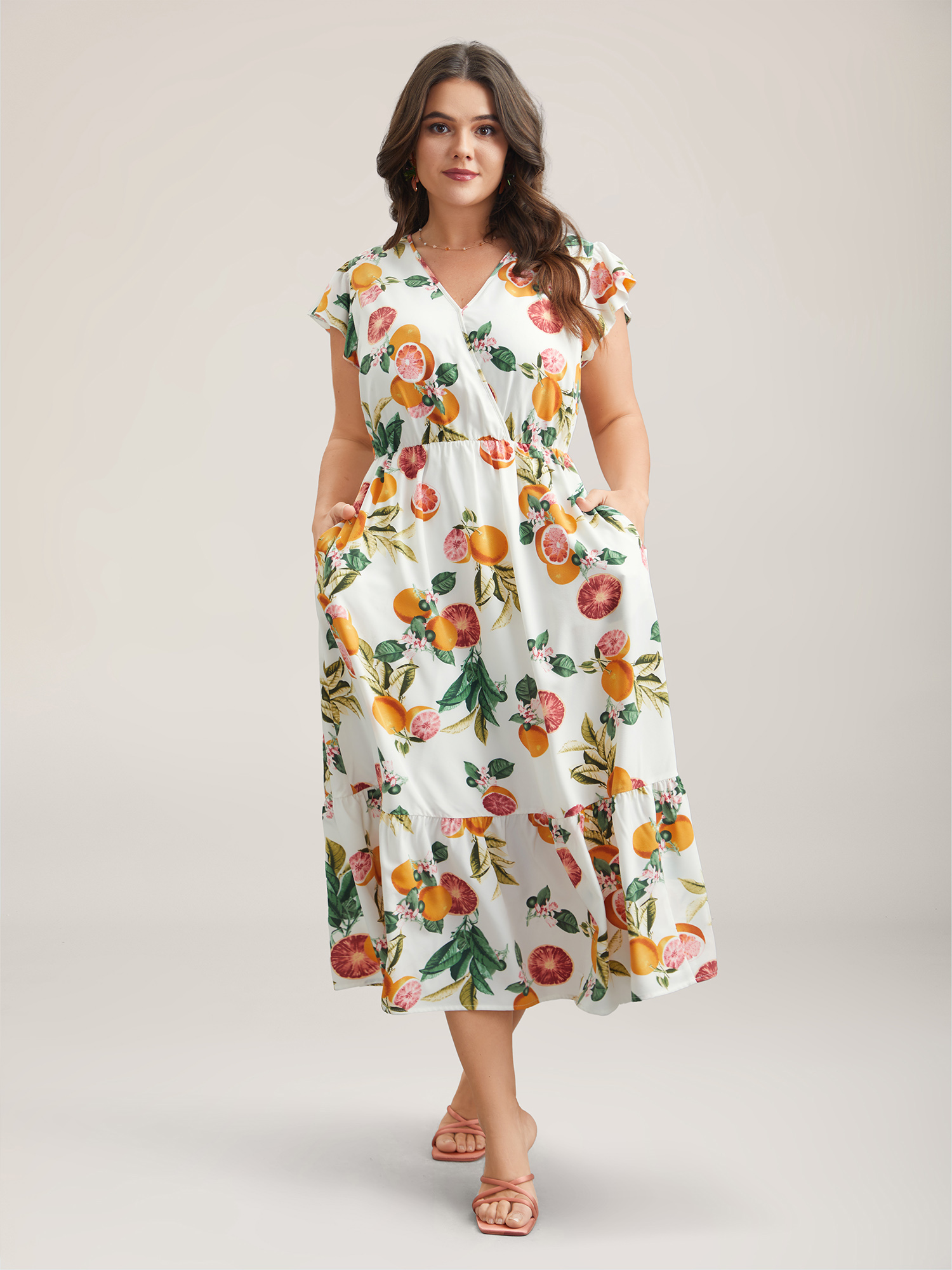 Plus Size Spring Fruits Wrap Neck Midi Dress Ivory Women Elegant Ruffles Overlap Collar Cap Sleeve Curvy BloomChic 28/5X 