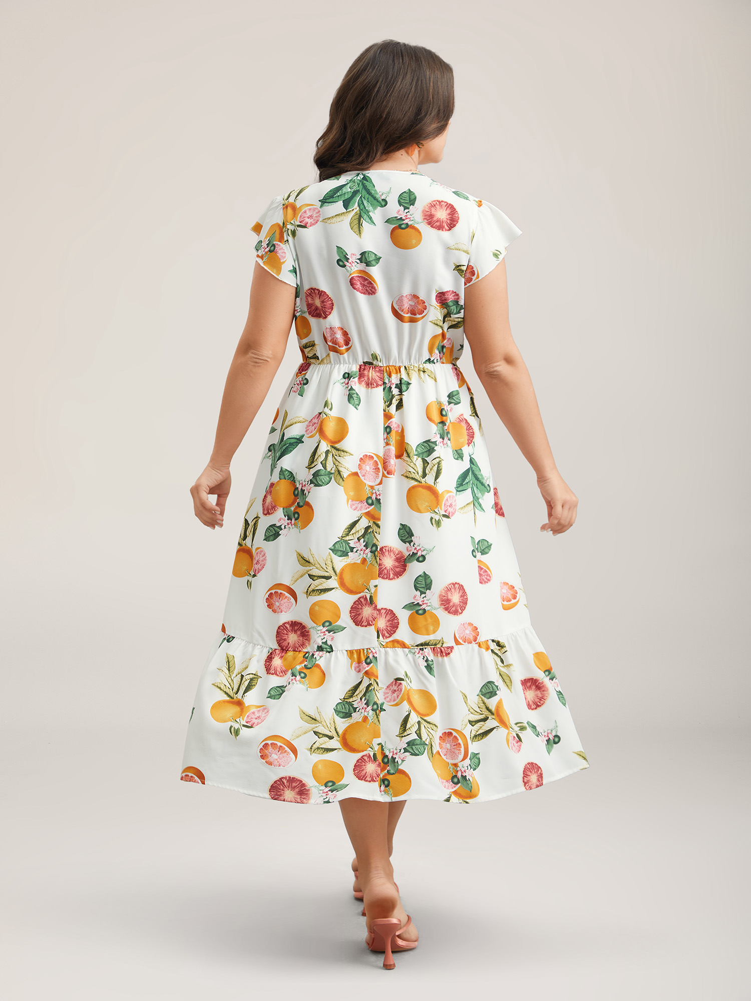 Plus Size Spring Fruits Wrap Neck Midi Dress Ivory Women Elegant Ruffles Overlap Collar Cap Sleeve Curvy BloomChic 28/5X 