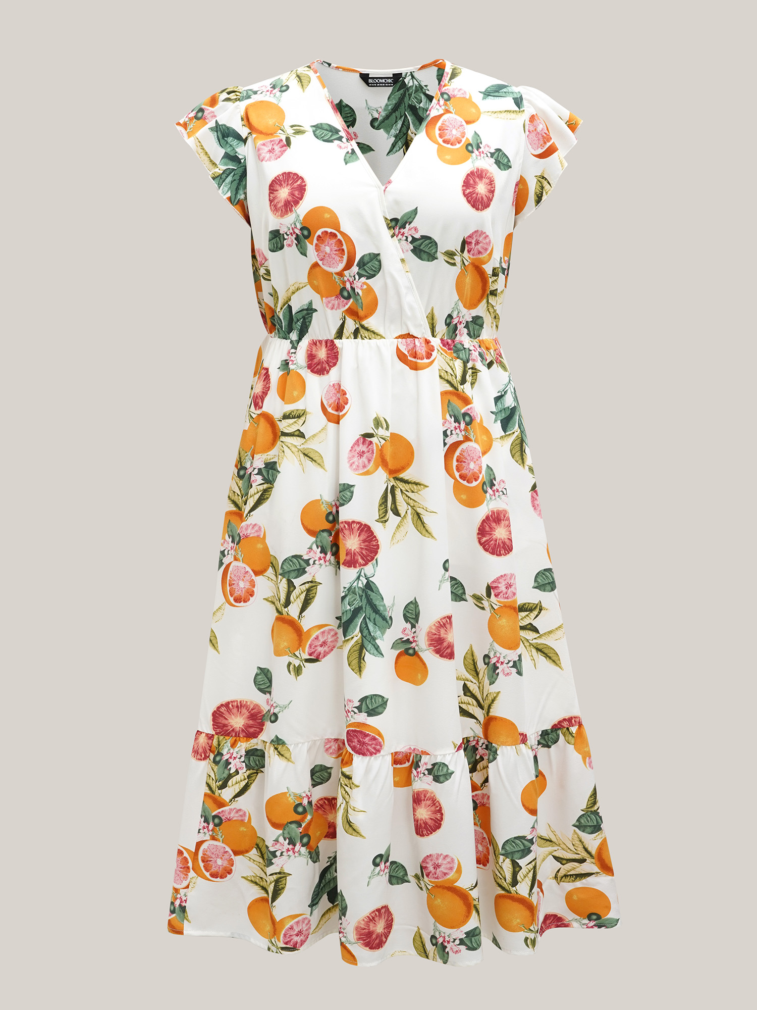 Plus Size Spring Fruits Wrap Neck Midi Dress Ivory Women Elegant Ruffles Overlap Collar Cap Sleeve Curvy BloomChic 28/5X 
