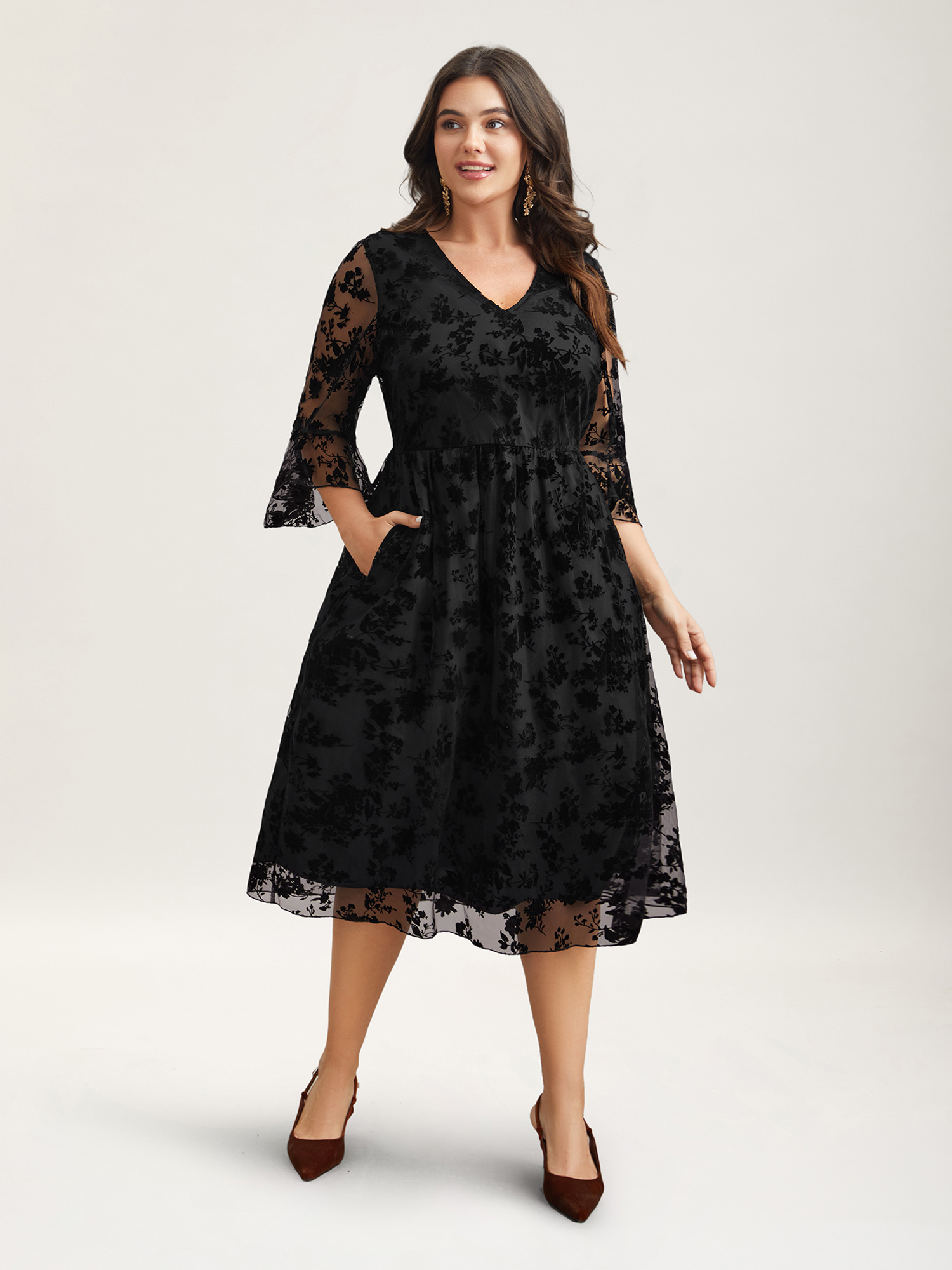 

Plus Size Sheer Textured Waist-Cinched Midi Dress Black Women Elegant Texture V-neck Elbow-length sleeve Curvy BloomChic