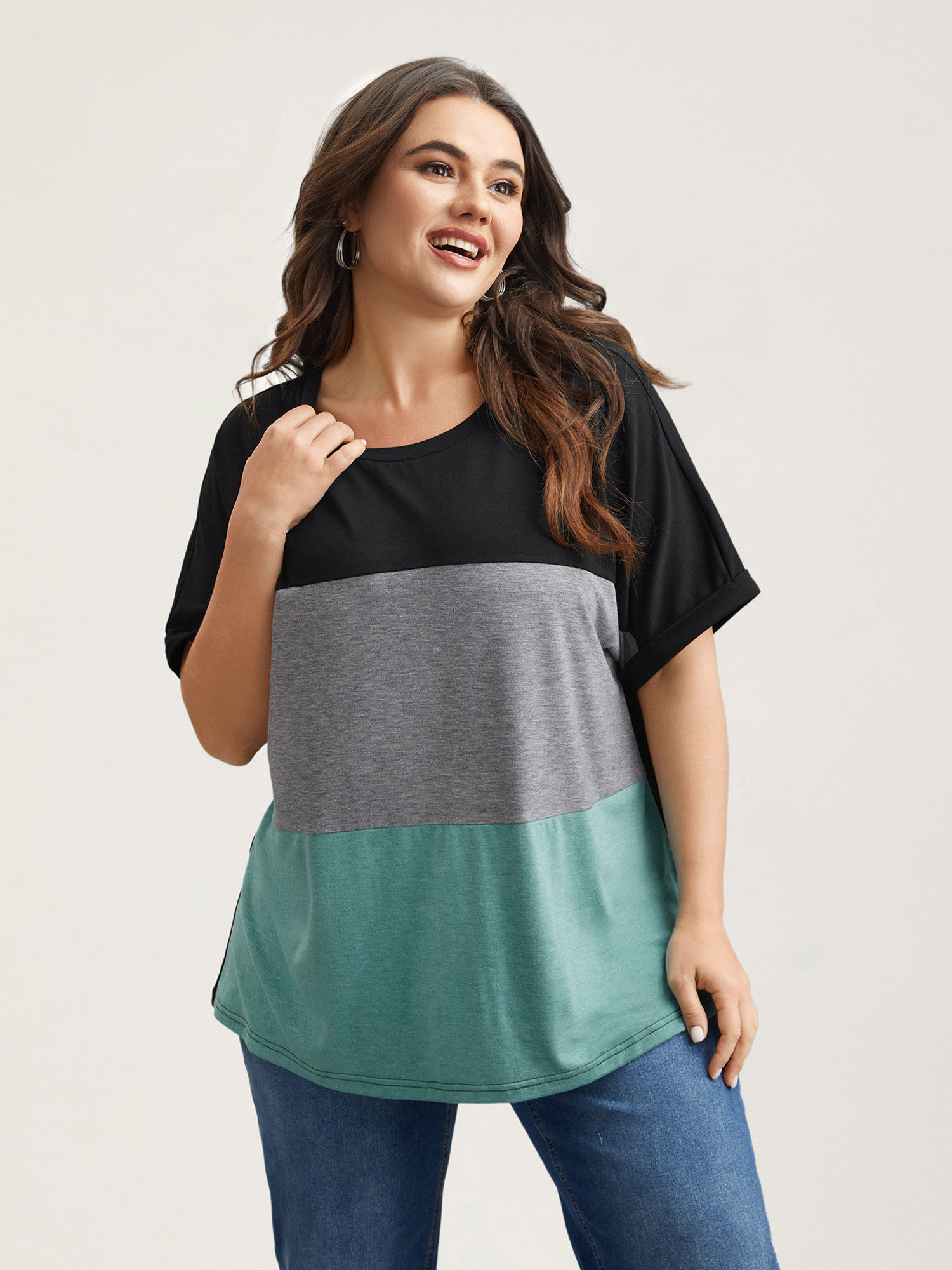 

Plus Size Color Block Dolman Sleeve T-Shirt Multicolor Women Casual Belted Round Neck Everyday T-shirts BloomChic