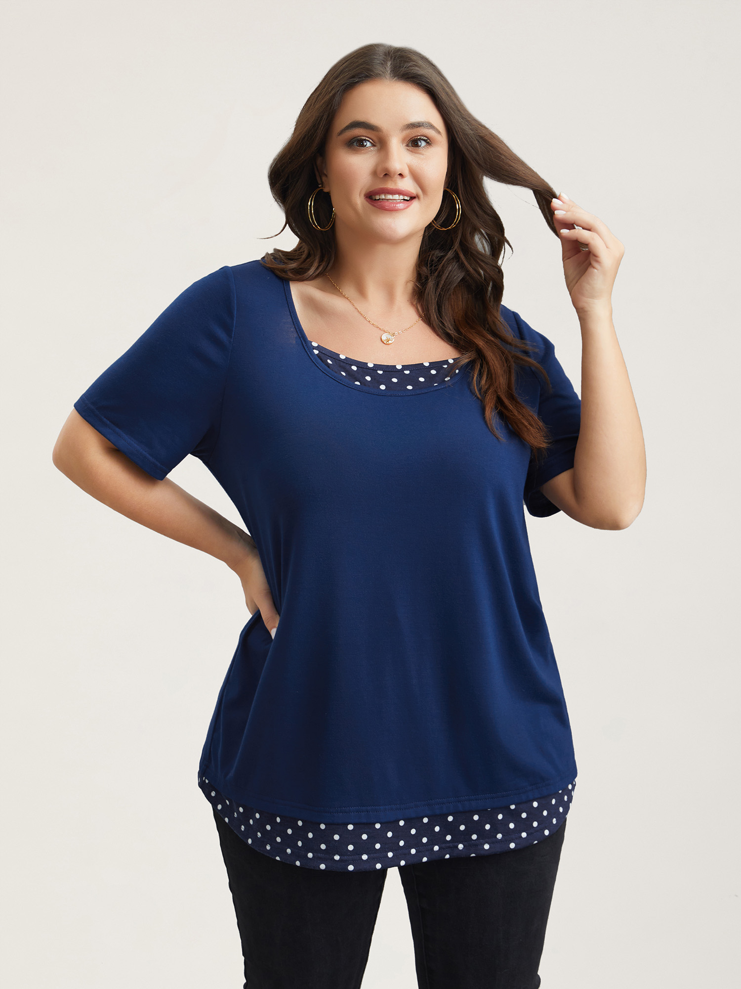 

Plus Size Mixed Fabric Polka Dots Patchwork T-Shirt Indigo Women Casual Contrast Round Neck Everyday T-shirts BloomChic