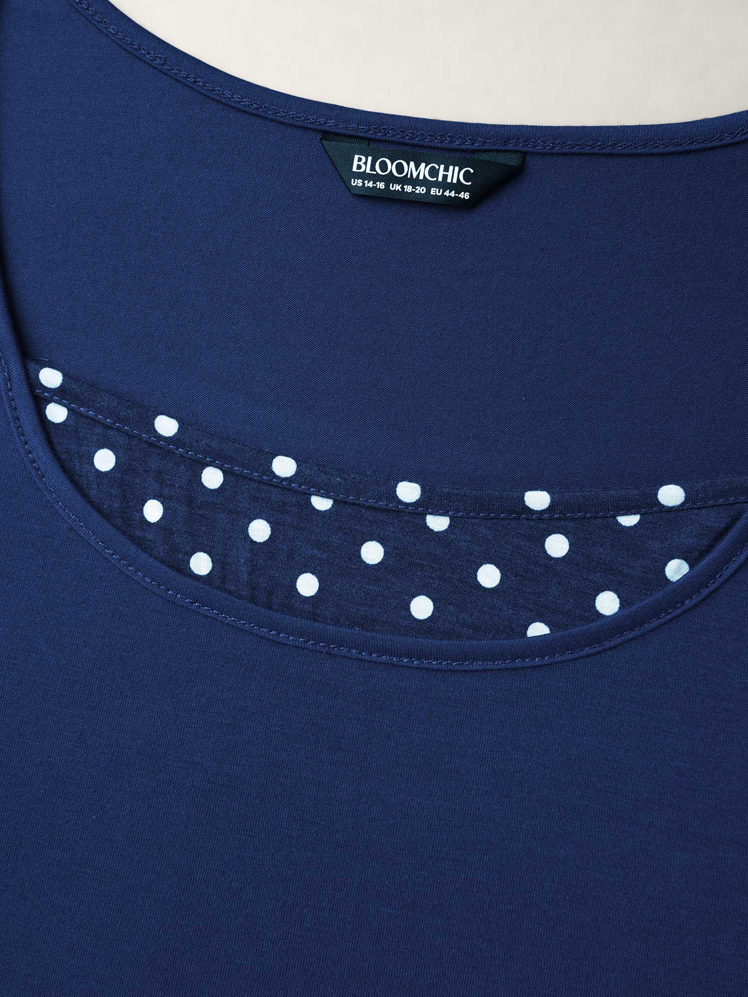 

Plus Size Mixed Fabric Polka Dots Patchwork T-Shirt Indigo Women Casual Contrast Round Neck Everyday T-shirts BloomChic