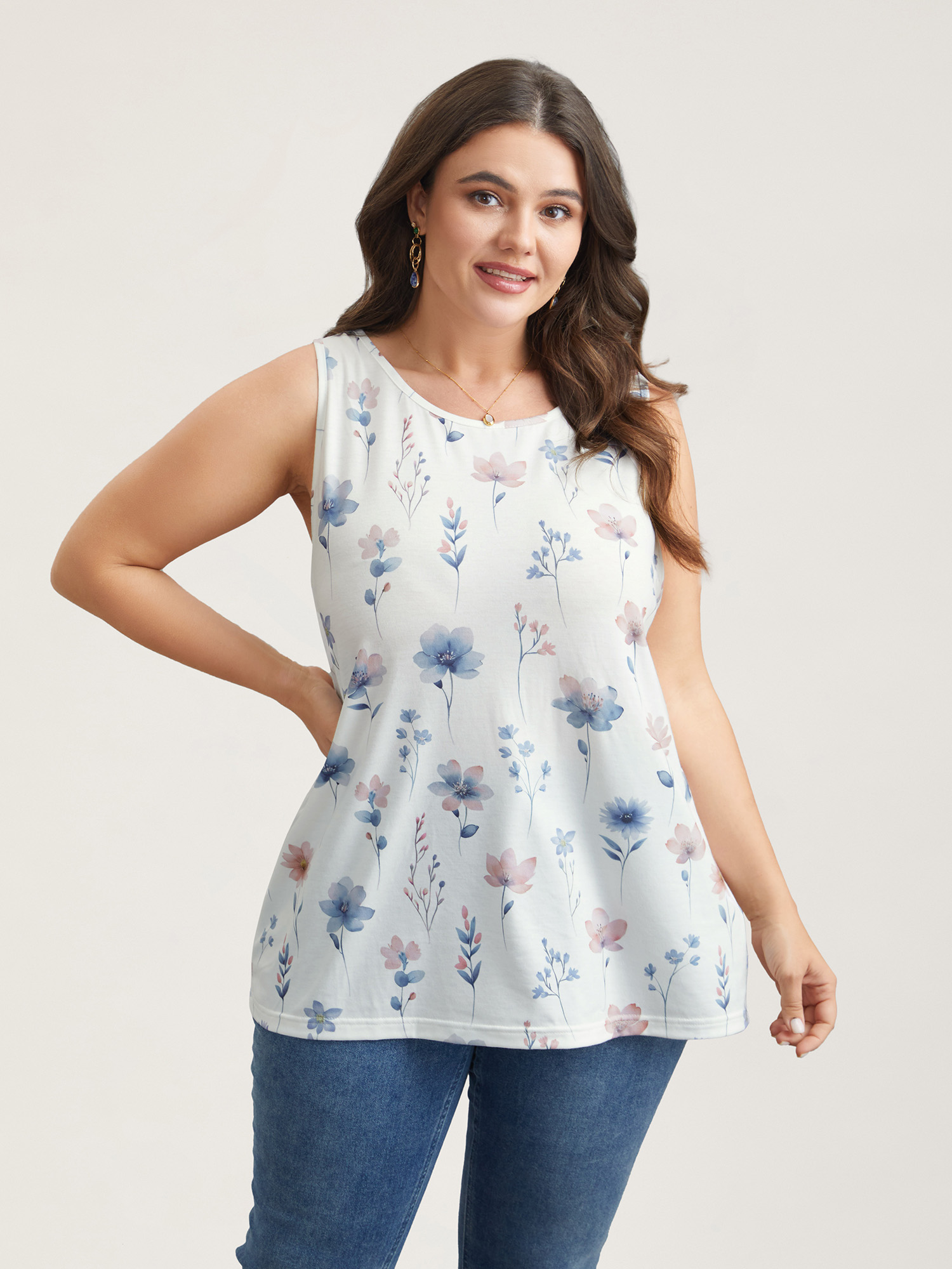 

Plus Size Stretchy Floral Print Fitted Vest Women WhiteSmoke Elegant Non Round Neck Everyday Tank Tops Camis BloomChic