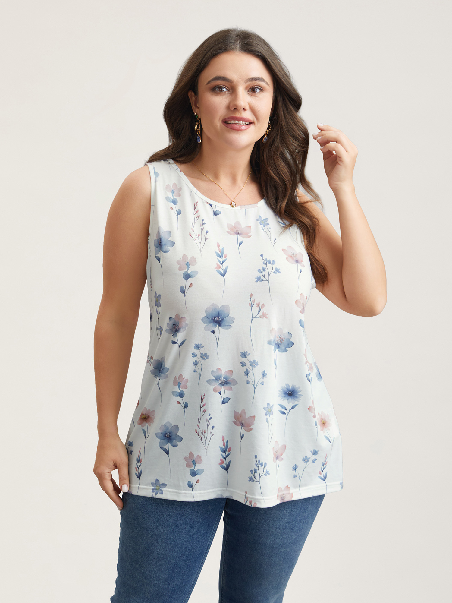 

Plus Size Stretchy Floral Print Fitted Vest Women WhiteSmoke Elegant Non Round Neck Everyday Tank Tops Camis BloomChic