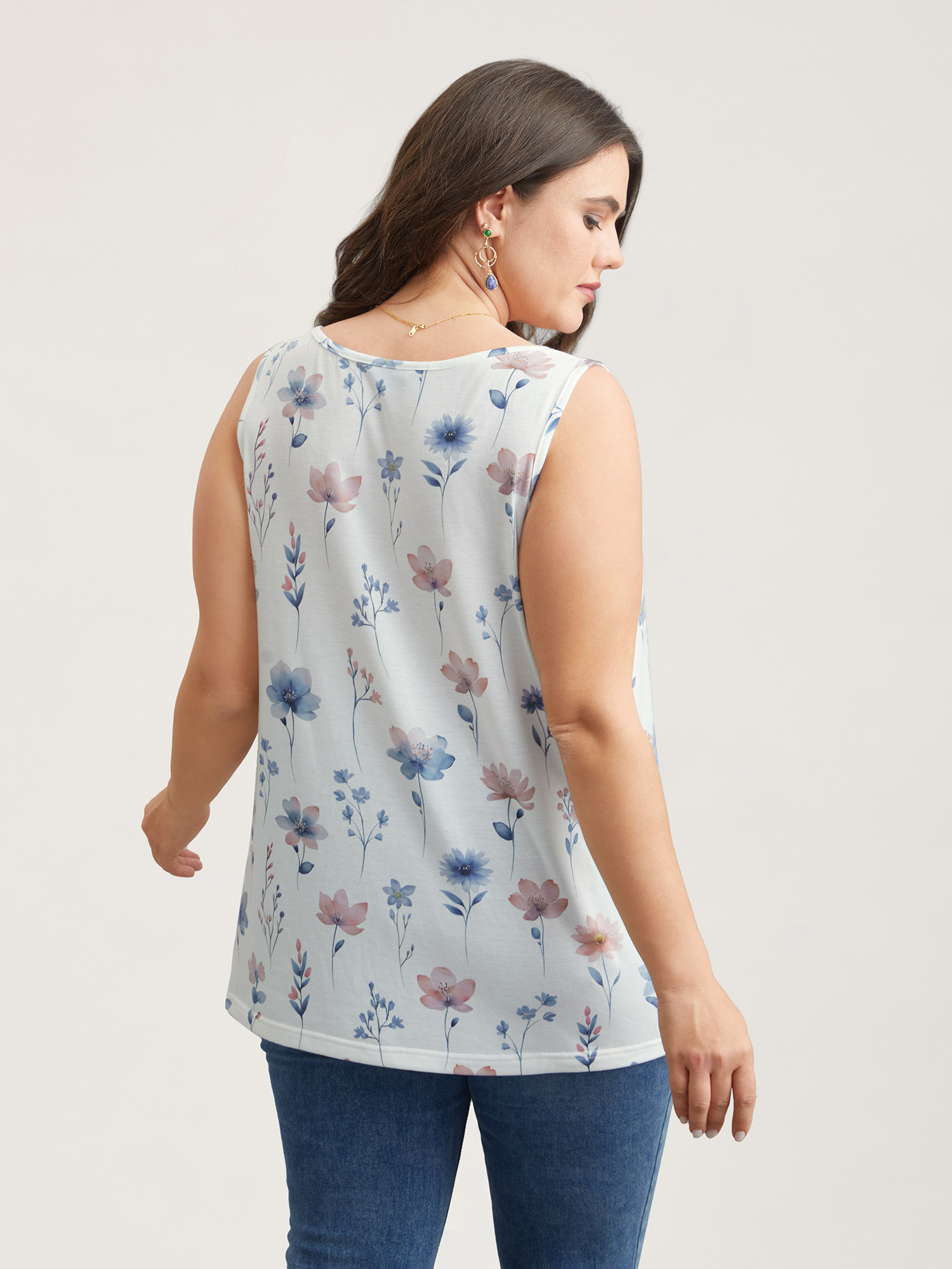 Plus Size Stretchy Floral Print Fitted Vest Women WhiteSmoke Elegant Non Round Neck Everyday Tank Tops Camis BloomChic 30/6X 
