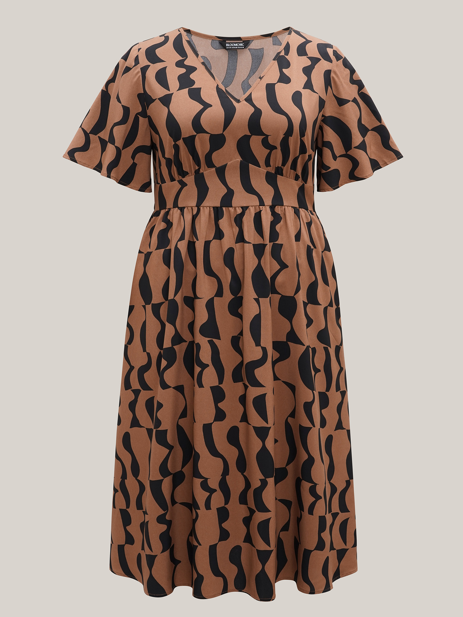 Plus Size Wavy Print Corset Style Midi Dress Browncoffeecolor Women At the Office Gathered V-neck Short sleeve Curvy BloomChic 14-16/1X 