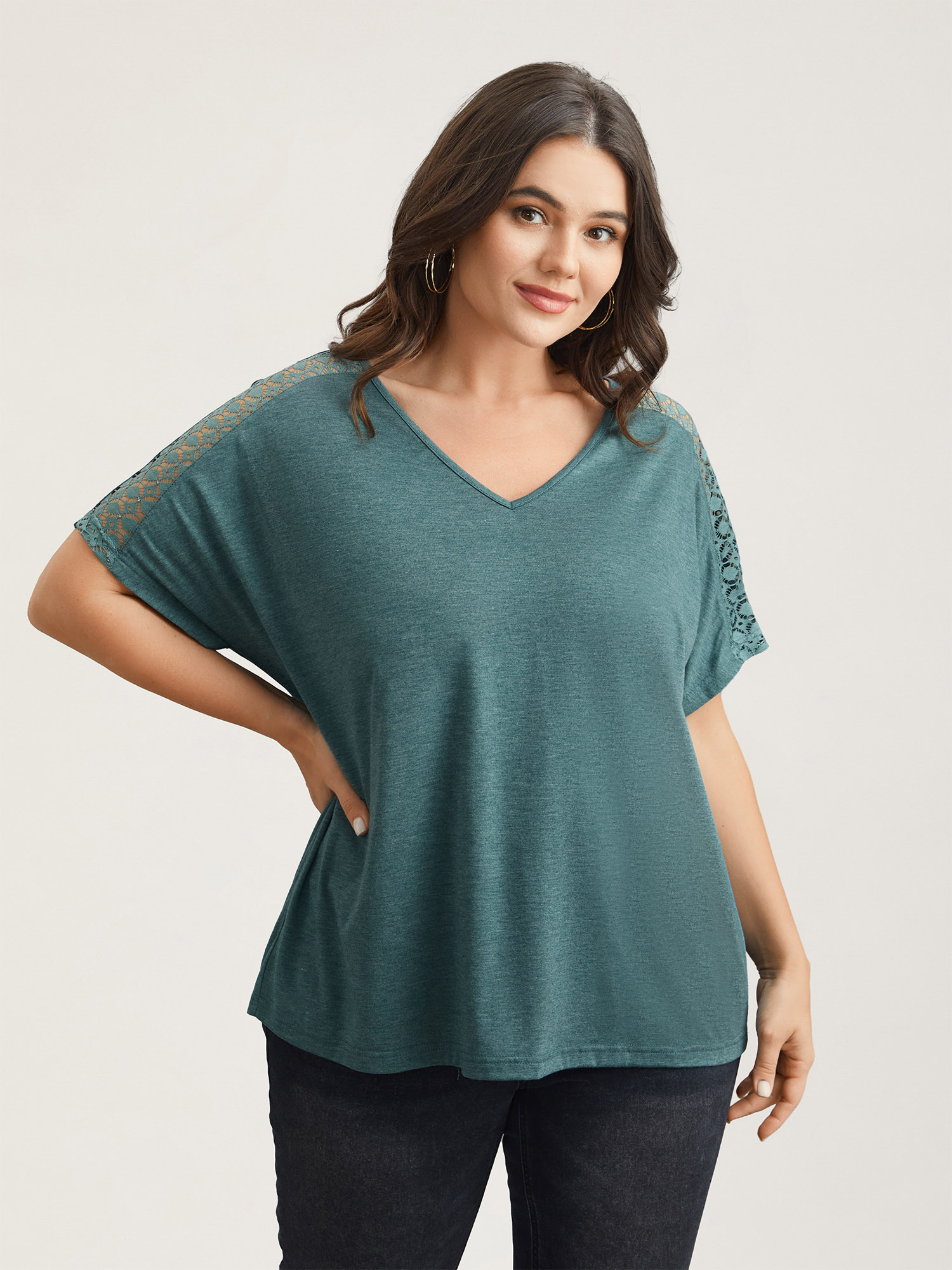 

Plus Size Lace Sleeve V-Neck T-Shirt Cyan Women Casual See through V-neck Everyday T-shirts BloomChic