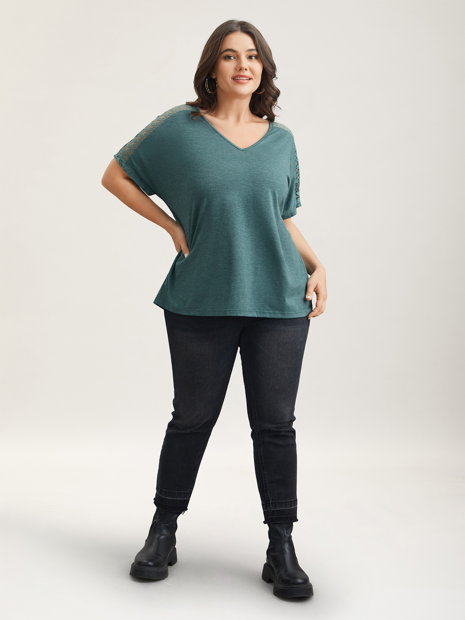 Plus Size Lace Sleeve V-Neck T-Shirt Cyan Women Casual See through V-neck Everyday T-shirts BloomChic 26/4X 