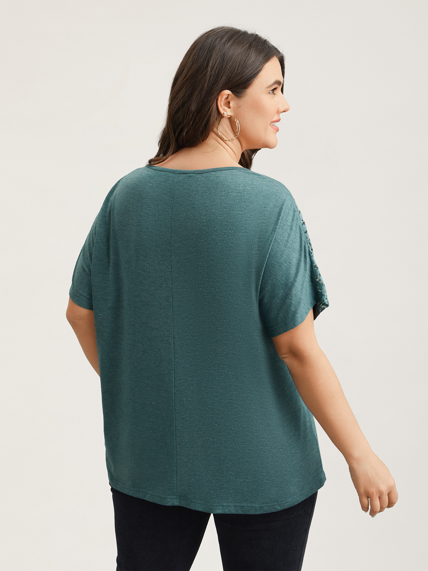 Plus Size Lace Sleeve V-Neck T-Shirt Cyan Women Casual See through V-neck Everyday T-shirts BloomChic 26/4X 