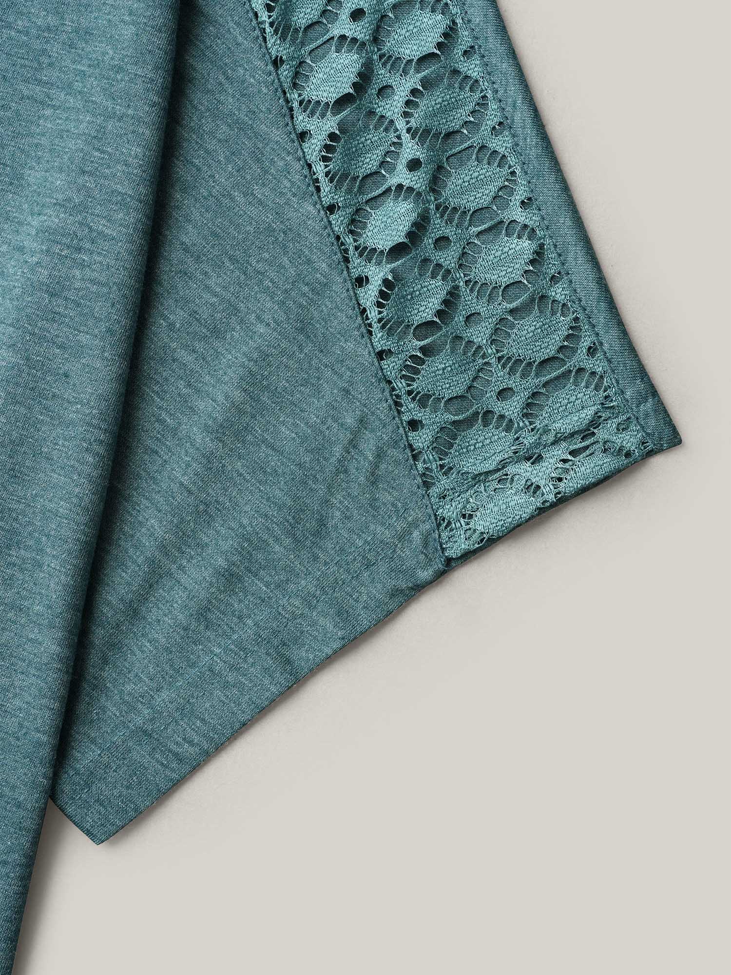 Plus Size Lace Sleeve V-Neck T-Shirt Cyan Women Casual See through V-neck Everyday T-shirts BloomChic 26/4X 
